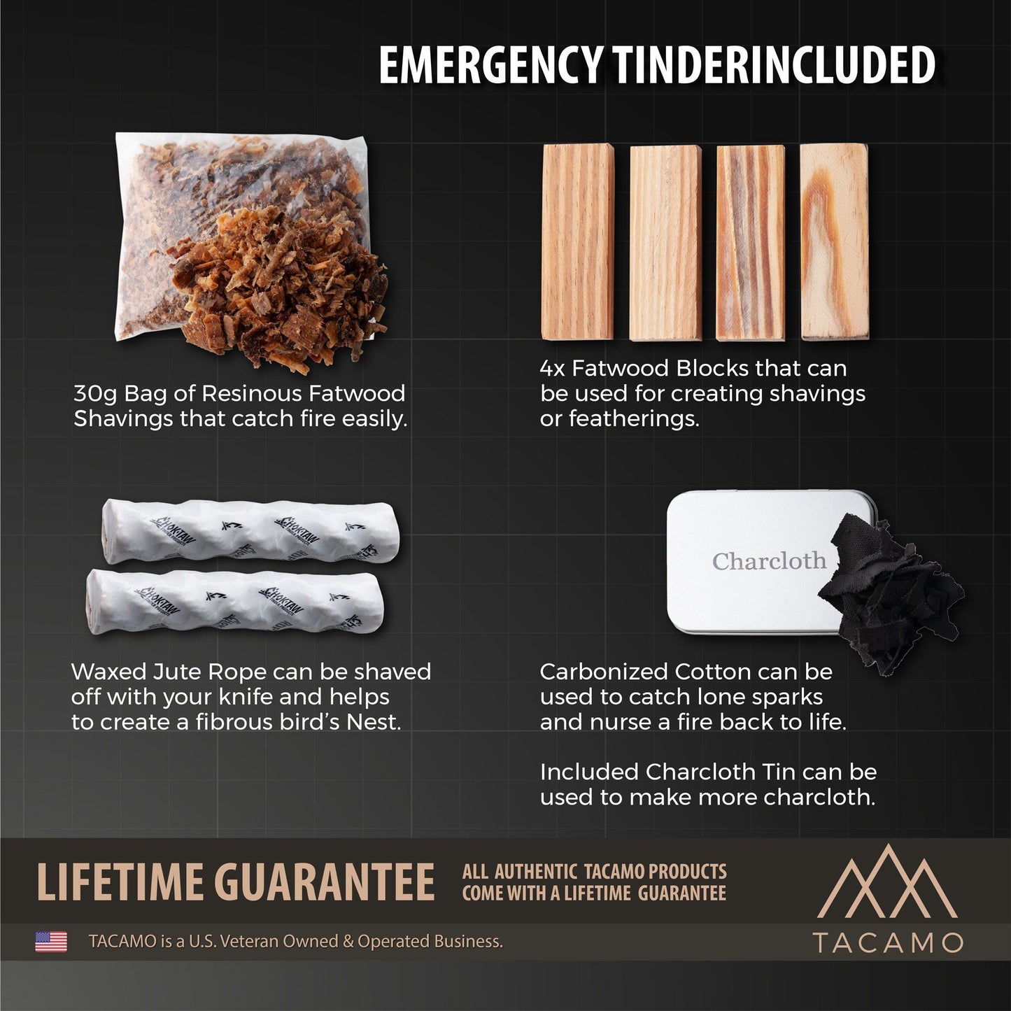 Firestarting contents of the TACAMO 15-Piece Emergency Fire Kit with descriptions