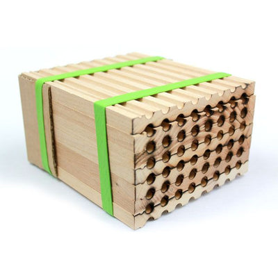 Wooden tray designed for mason bees with green straps
