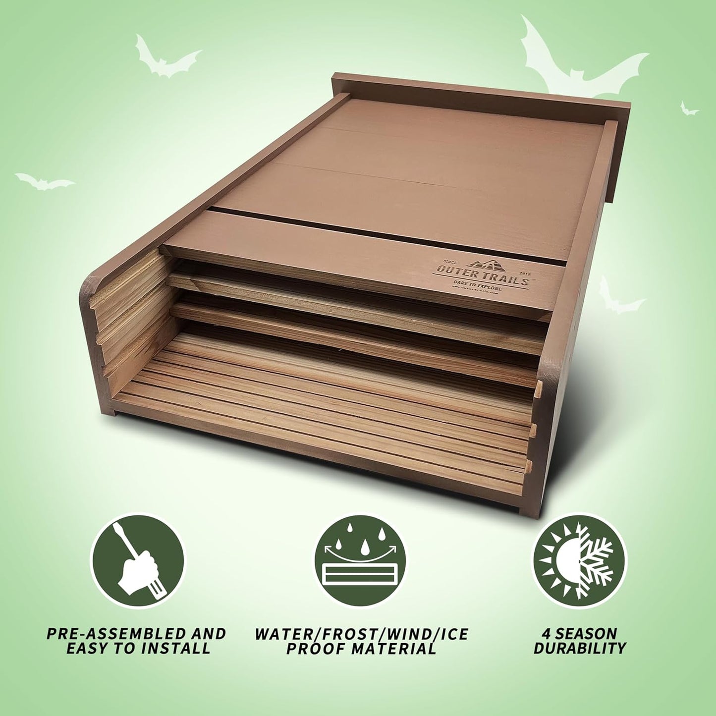 Illustration of Outer Trails™ bat house explaining ease of install, weather resistance, and 4 season durability