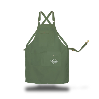 Front view of green Farmers Defense work apron featuring the white logo