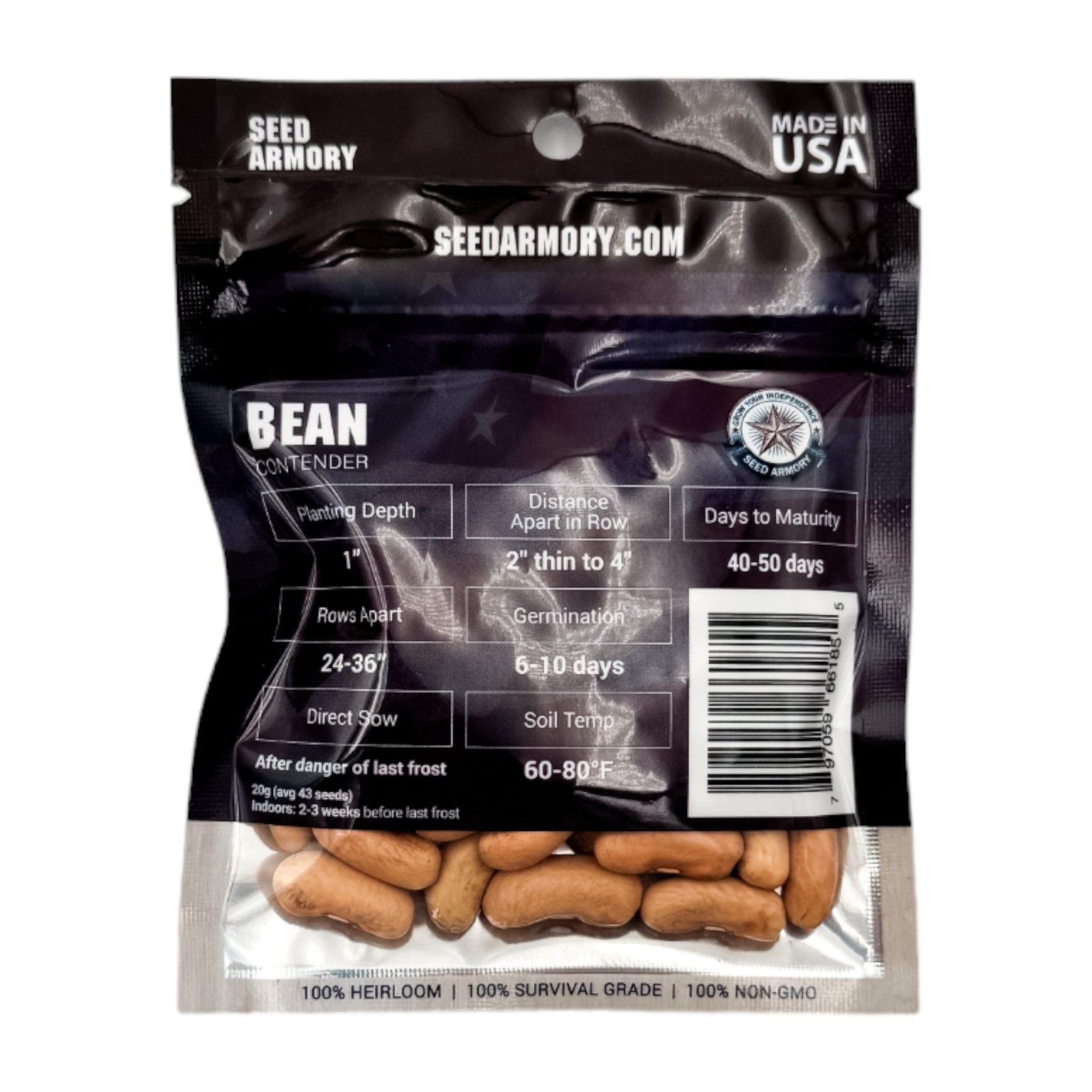 Contender Heirloom Bean Seeds planting instructions in a sealed package
