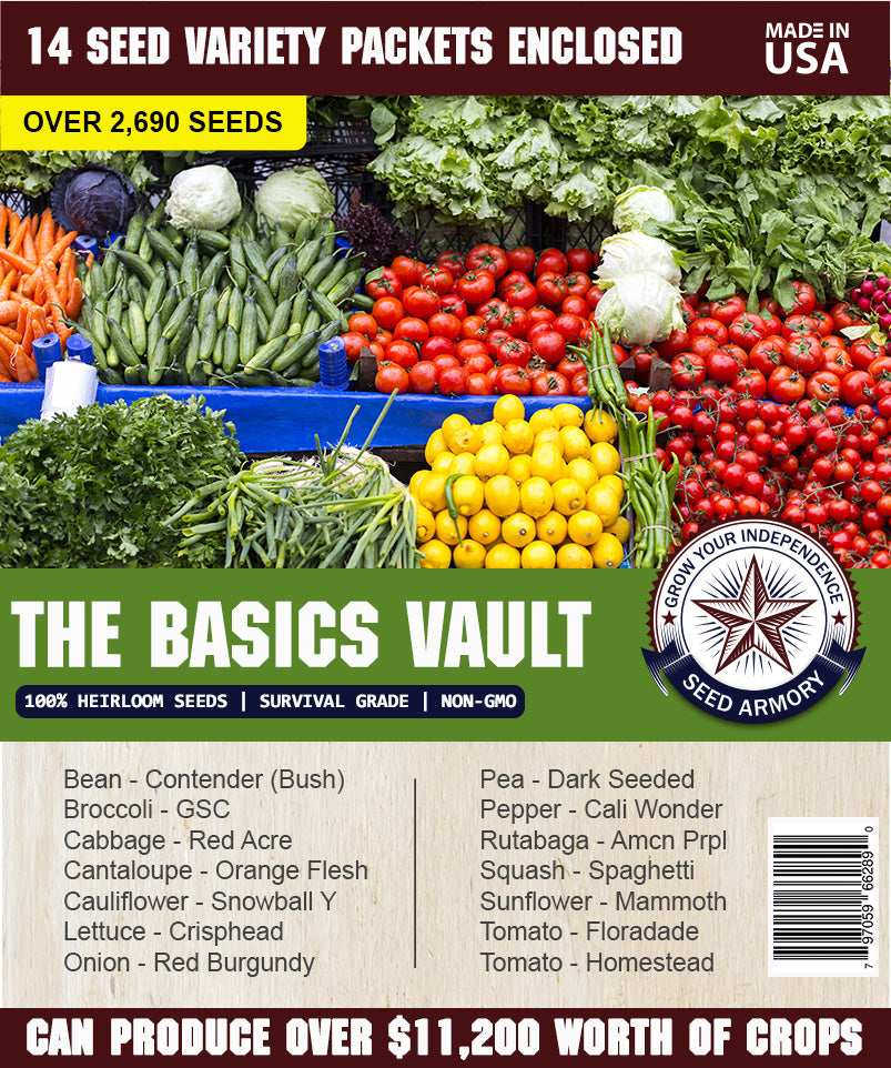 The Basics Vault Heirloom Seed Label featuring 14 assorted seed varieties