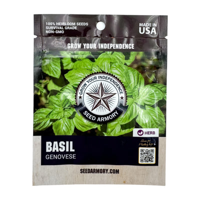 Packet of Genovese basil heirloom seeds with visible label