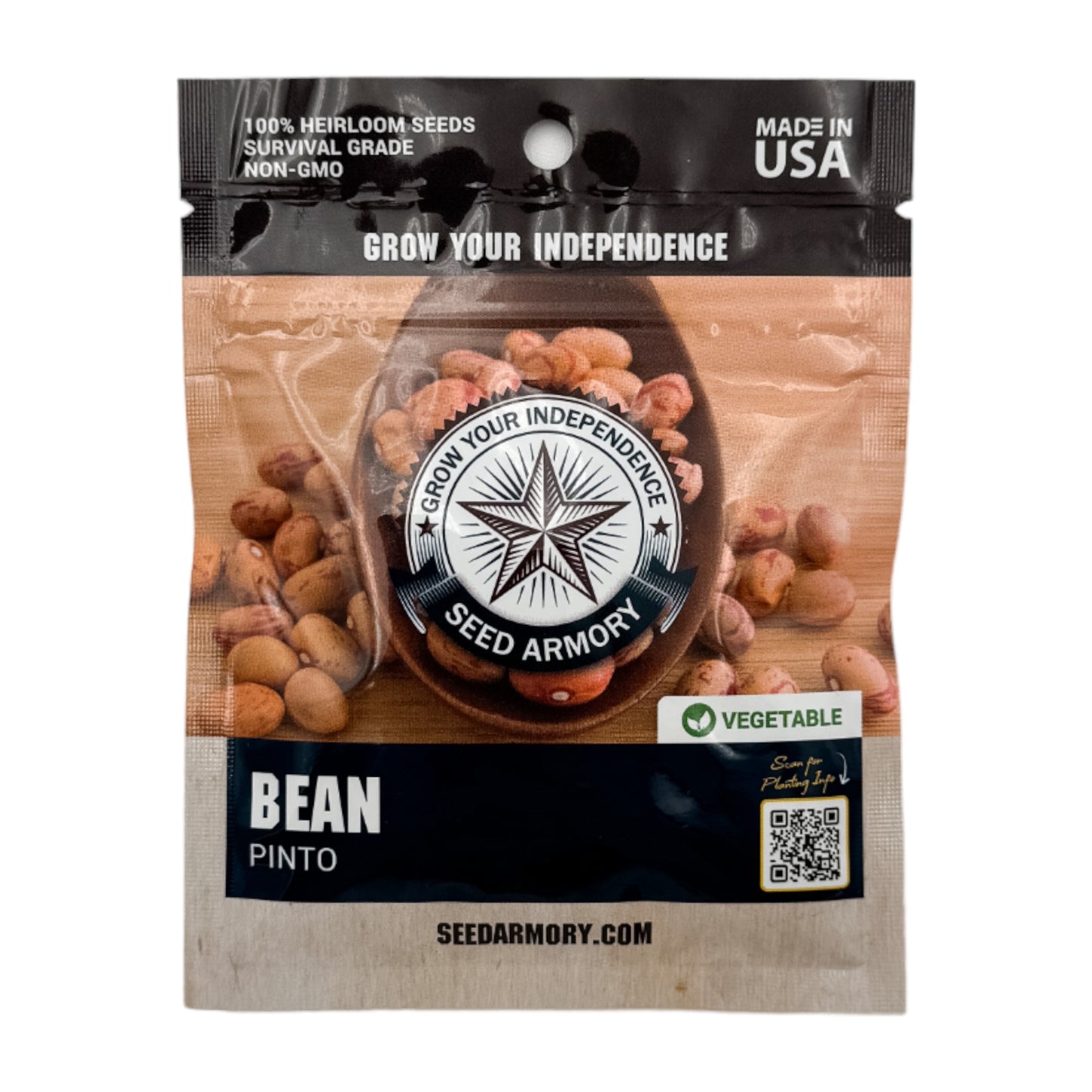 Close-up view of a labeled bag of Heirloom Pinto Bean Seeds