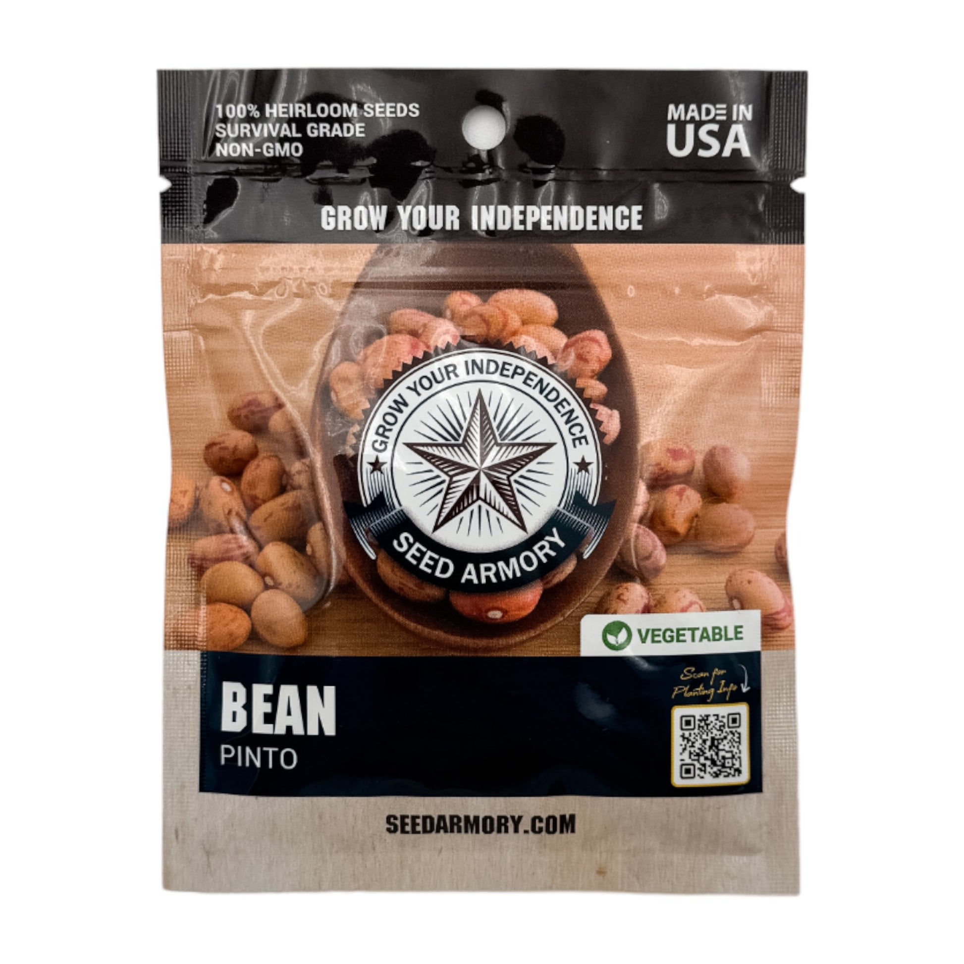 Close-up view of a labeled bag of Heirloom Pinto Bean Seeds