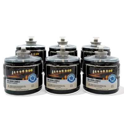 Set of emergency candles with black lids and white labels indicating 100-hour burn time