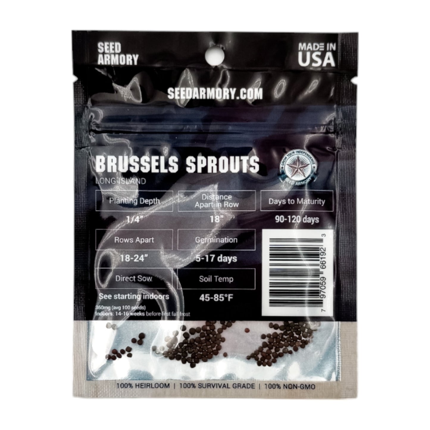 Reverse package of Long Island Heirloom Brussels Sprouts Seeds with planting instructions