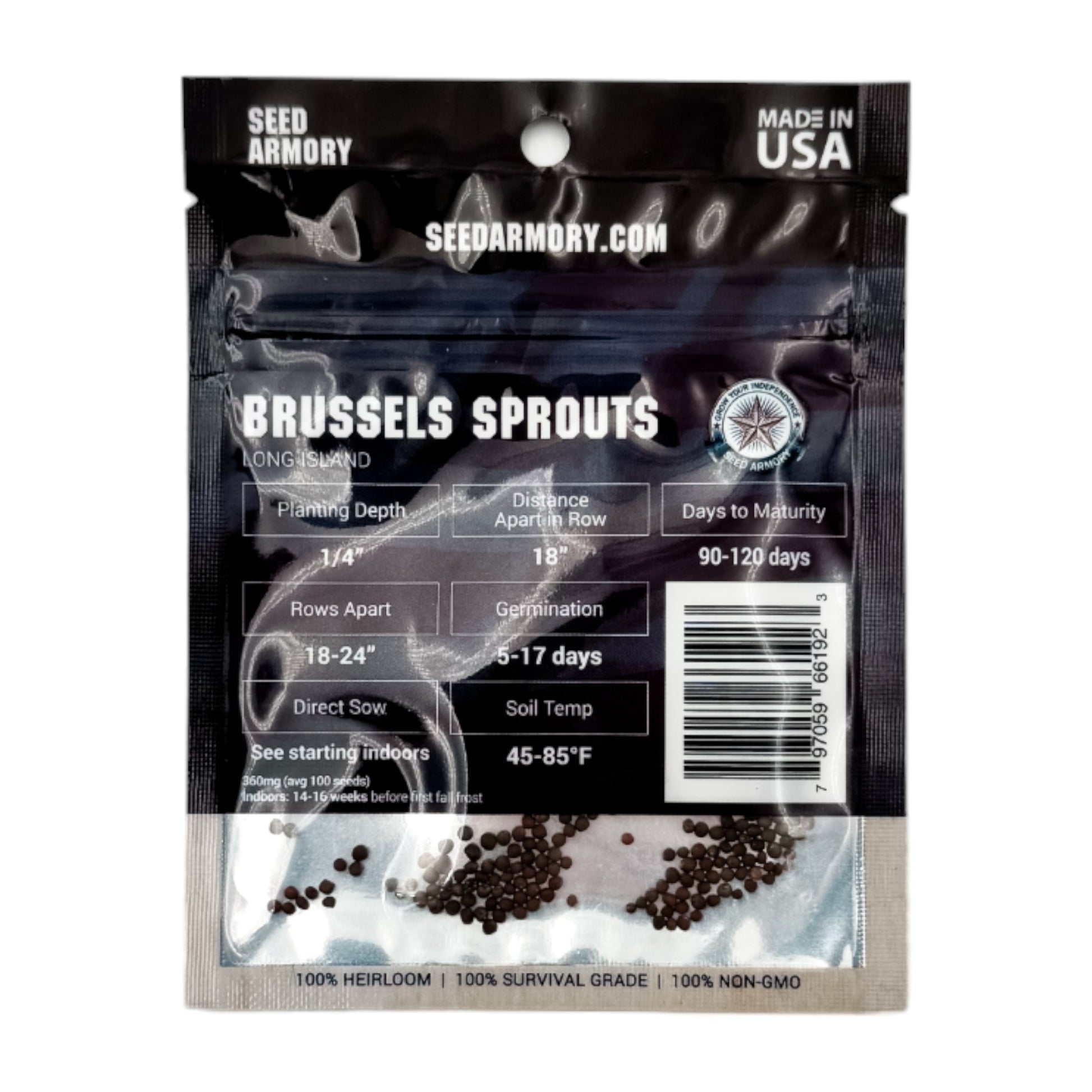 Reverse package of Long Island Heirloom Brussels Sprouts Seeds with planting instructions