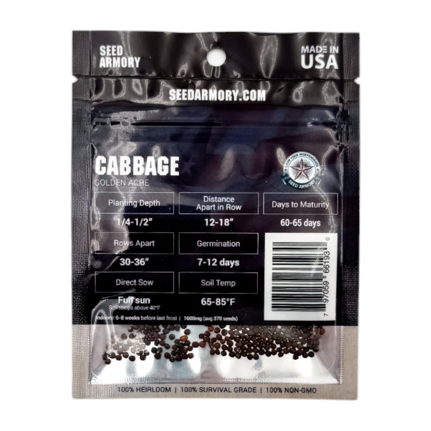 Reverse packet of Golden Acre cabbage heirloom seeds with planting instructions