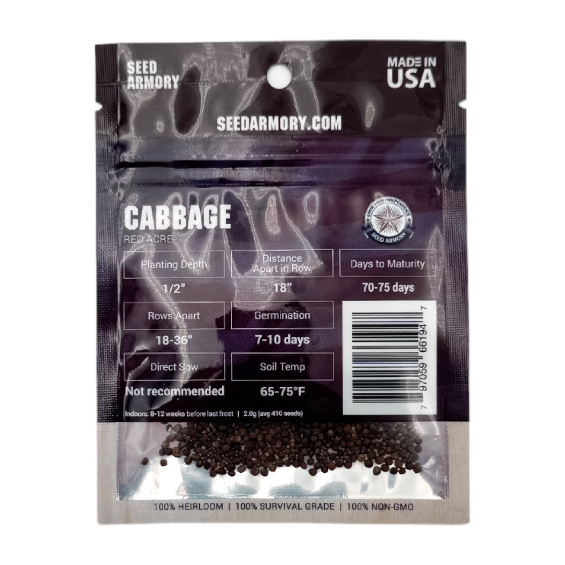 Red Acre heirloom cabbage seeds packet with planting instructions