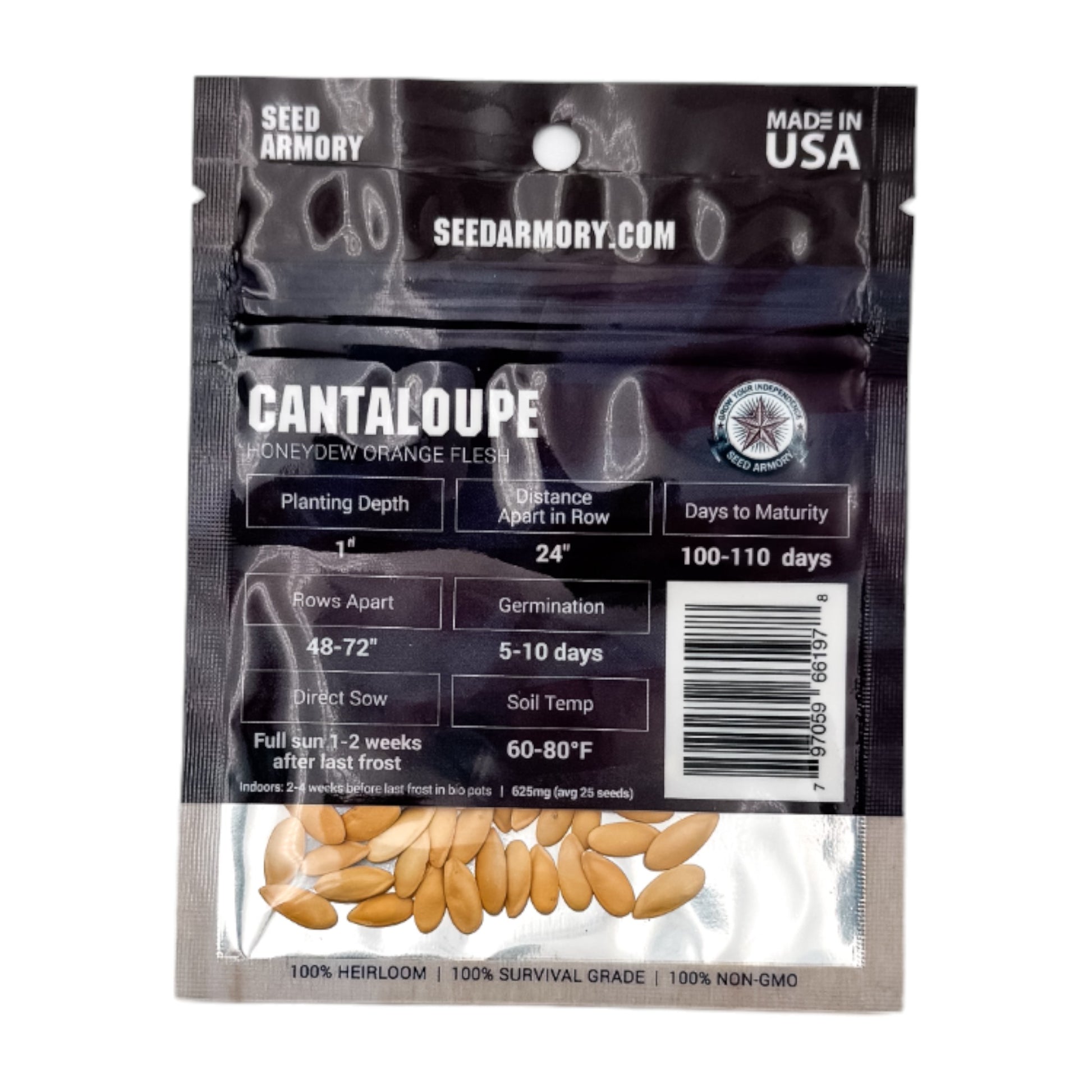 Reverse packet of Cantaloupe Heirloom Seeds with planting instructions
