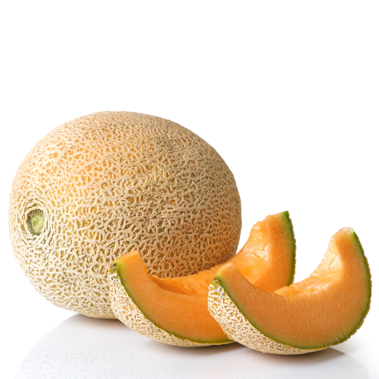 Cut Honeydew Orange Flesh Cantaloupe on a white surface