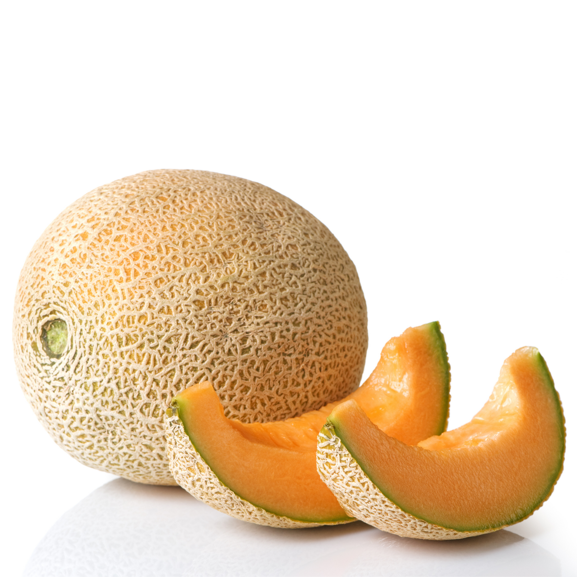 Cut Honeydew Orange Flesh Cantaloupe on a white surface