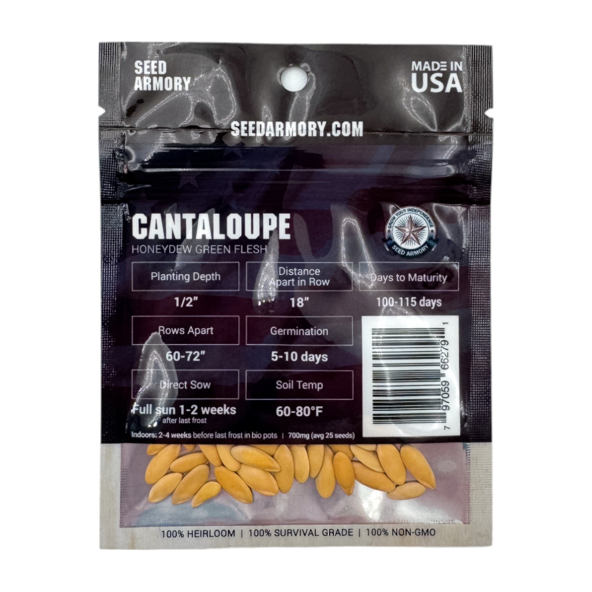 Reverse packet of cantaloupe honeydew heirloom seeds with planting instructions