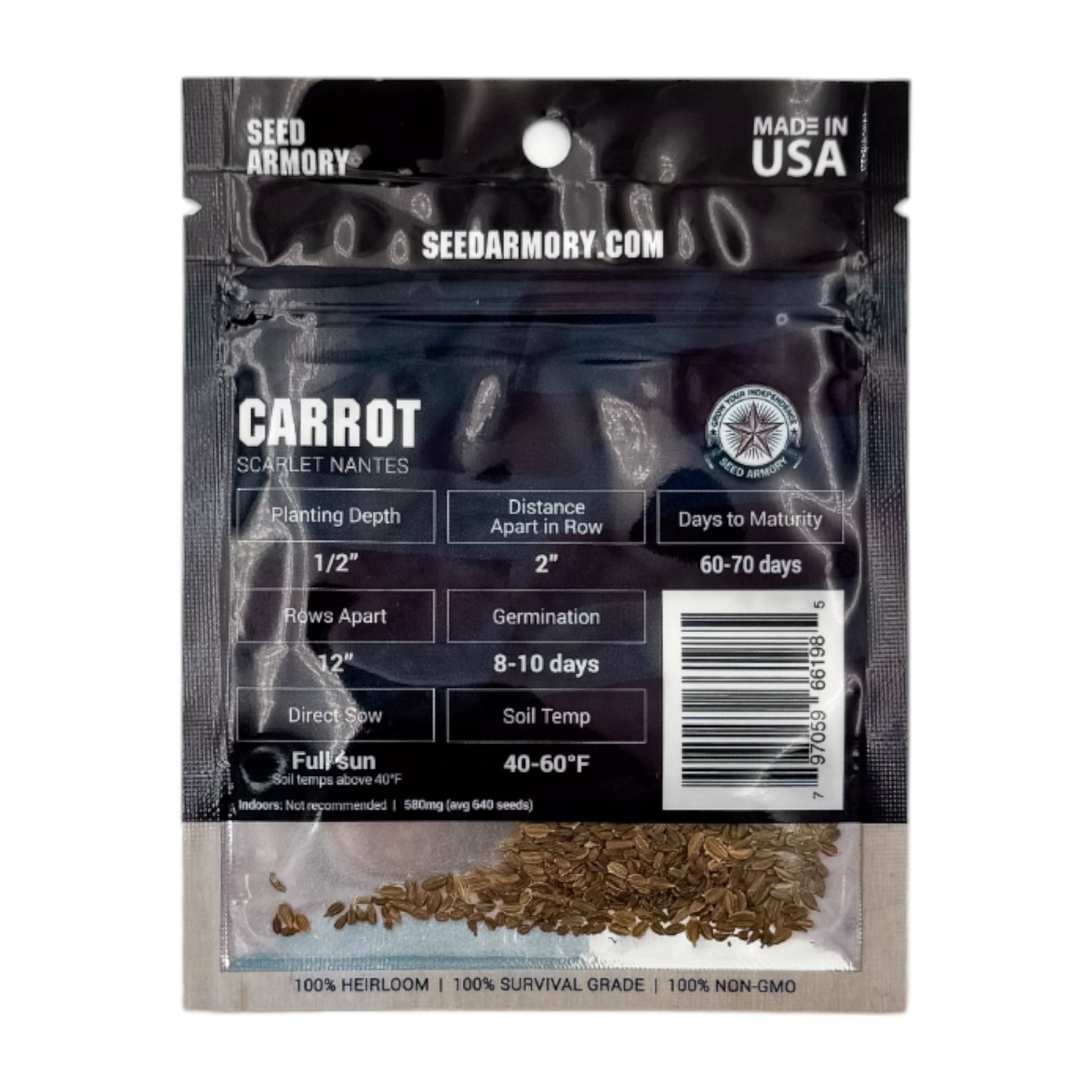 Heirloom Scarlet Nantes carrot seed reverse packet with planting instructions