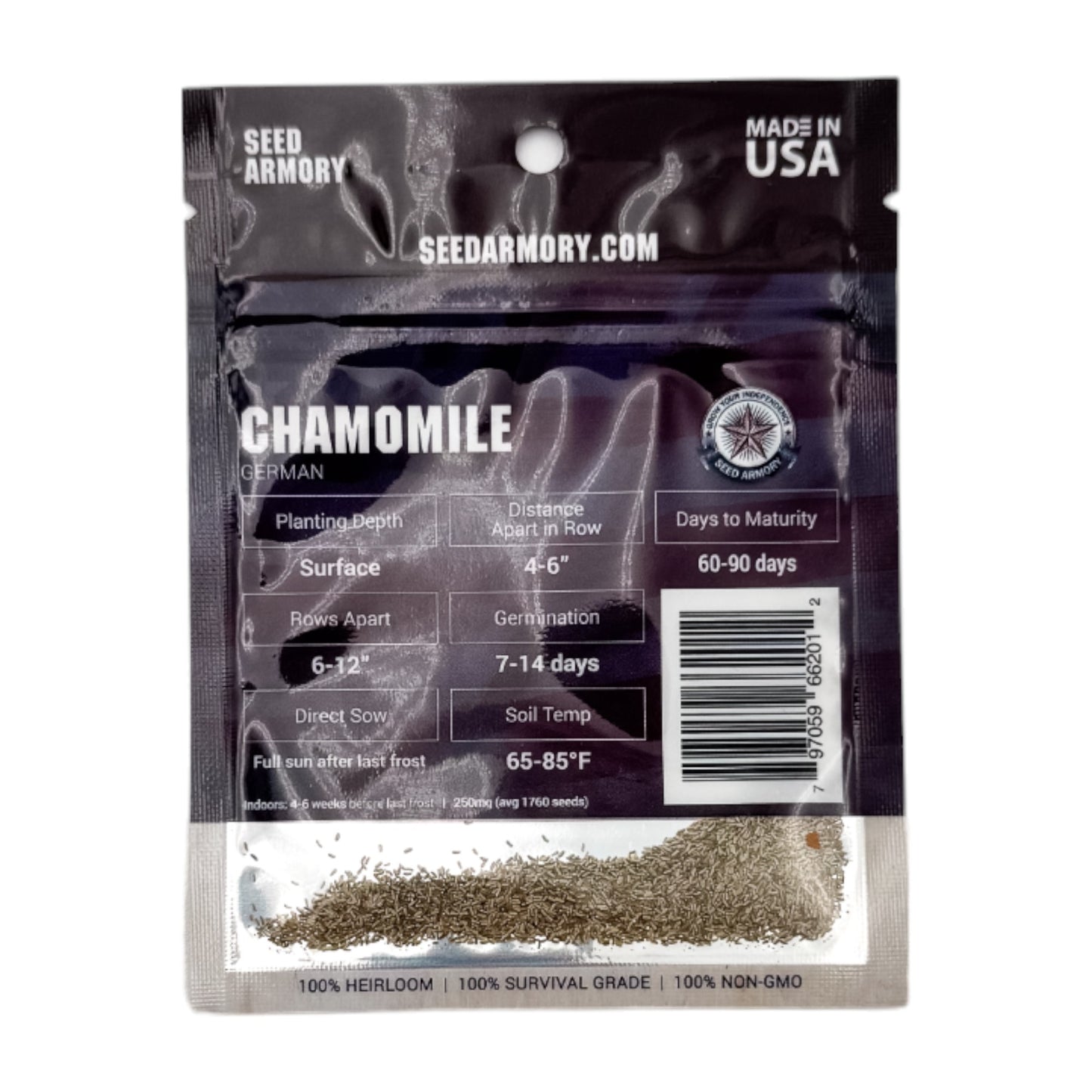 Reverse packet of Chamomile German seeds with planting instructions