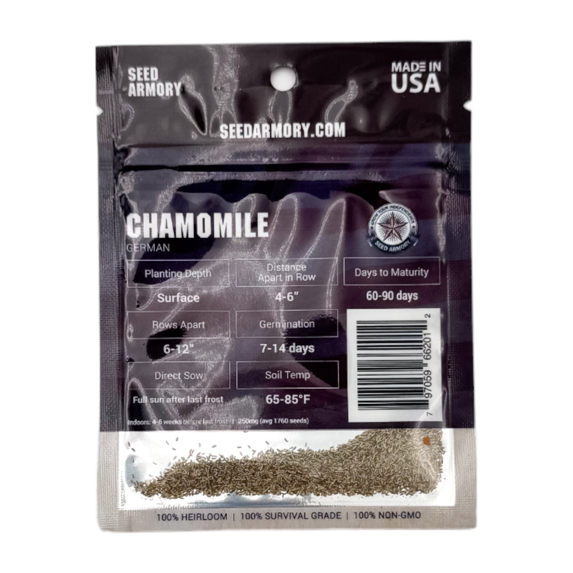 Reverse packet of Chamomile German seeds with planting instructions