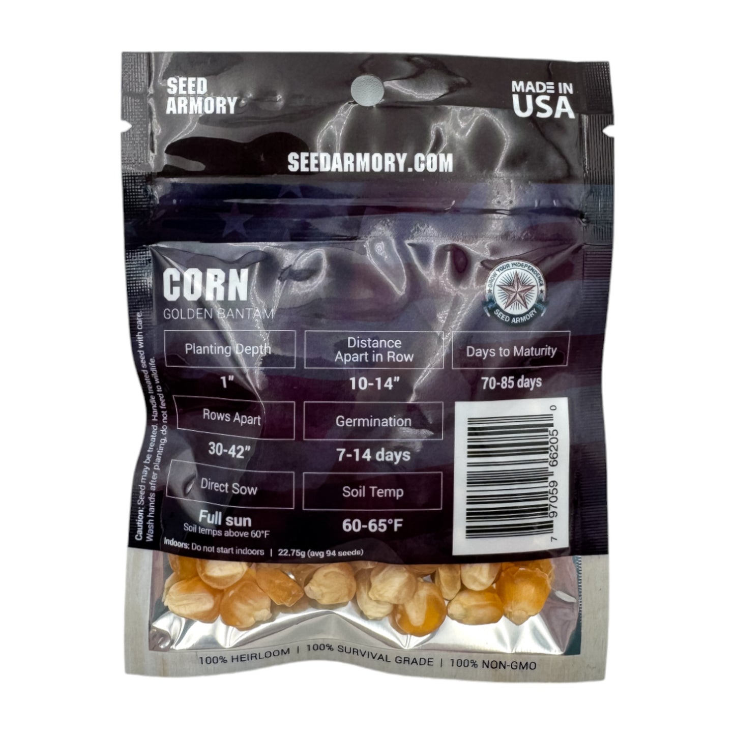Reverse packet of Heirloom Golden Bantam heirloom corn seeds with planting instructions