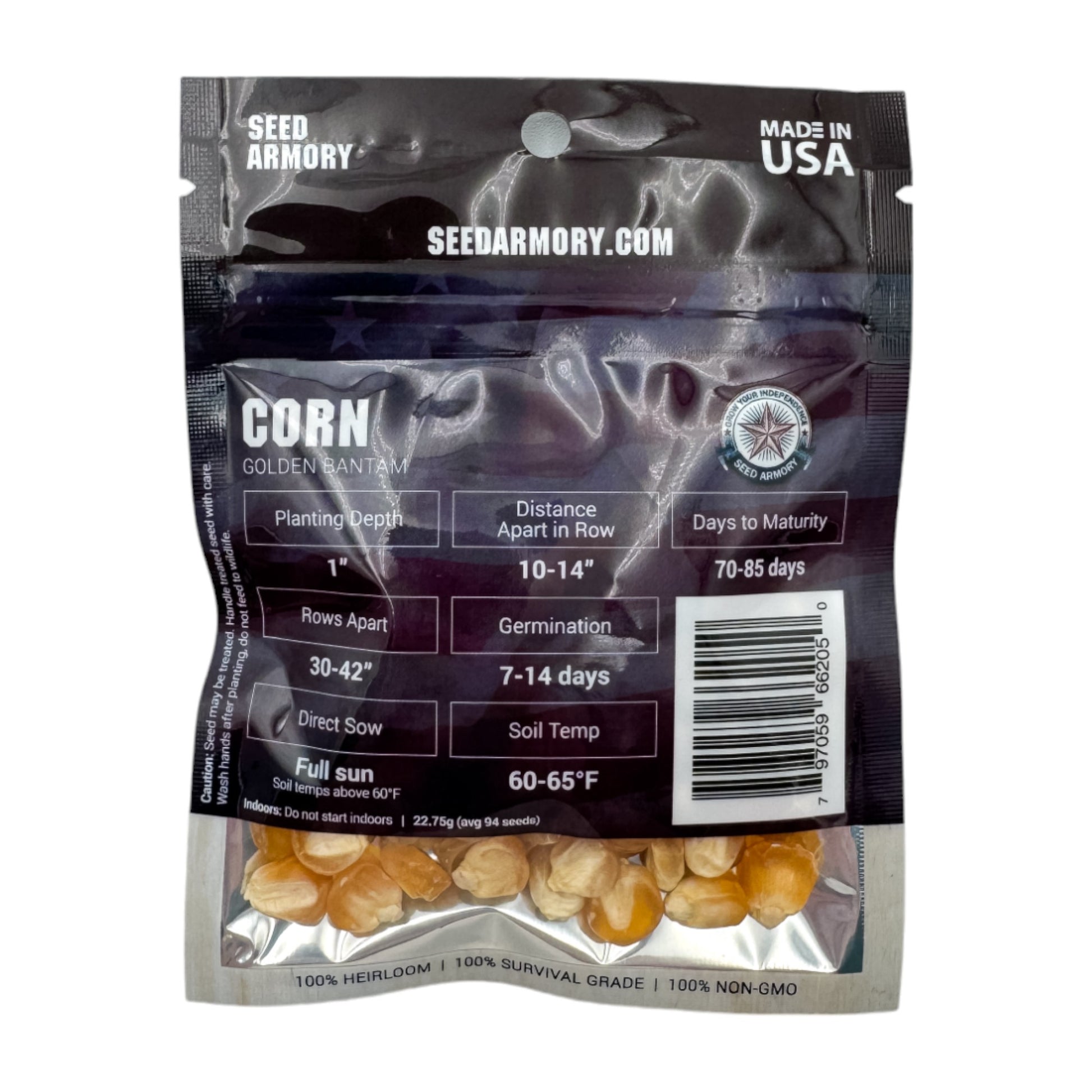 Reverse packet of Heirloom Golden Bantam heirloom corn seeds with planting instructions