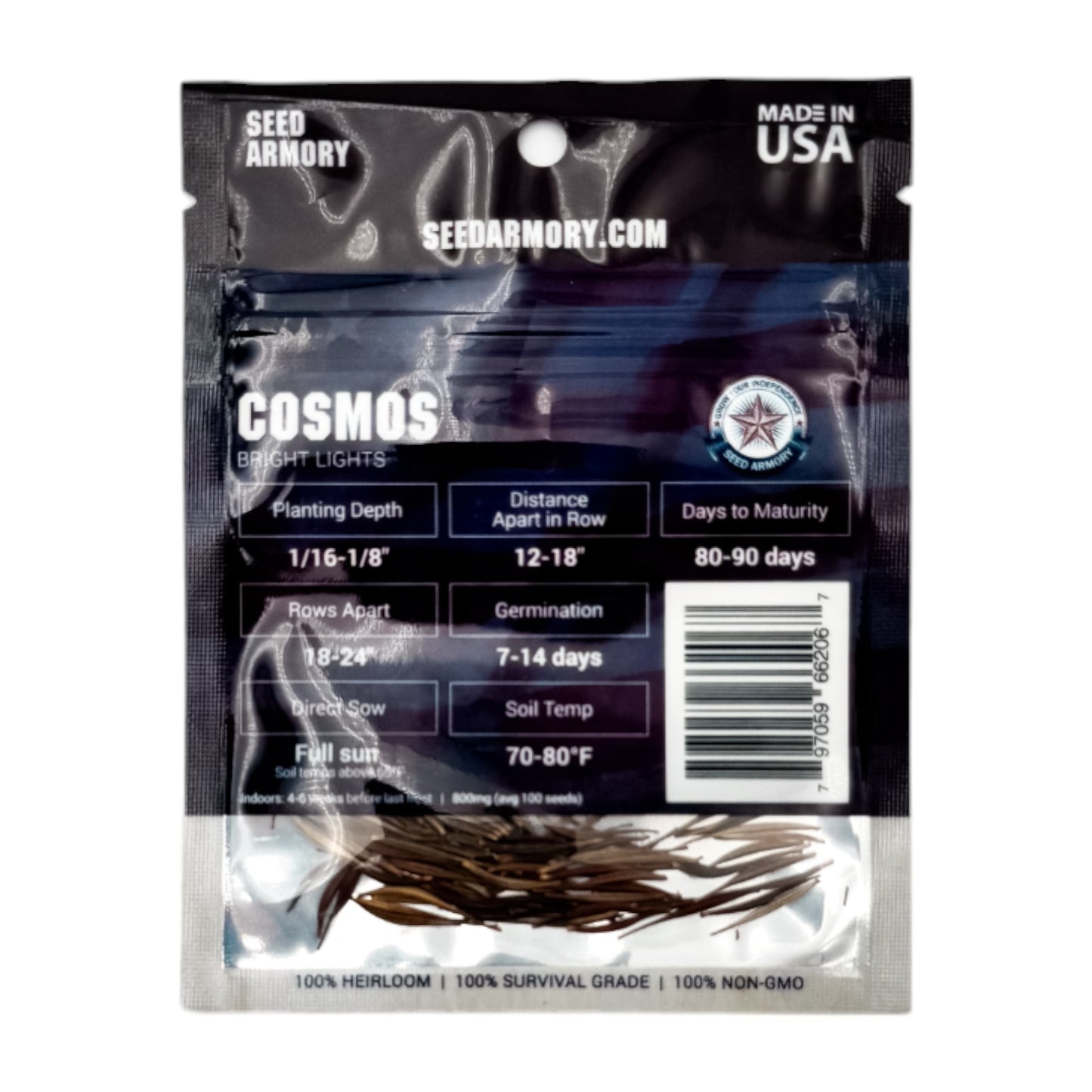 Reverse packet of Heirloom Cosmos Bright Lights seeds with planting instructions