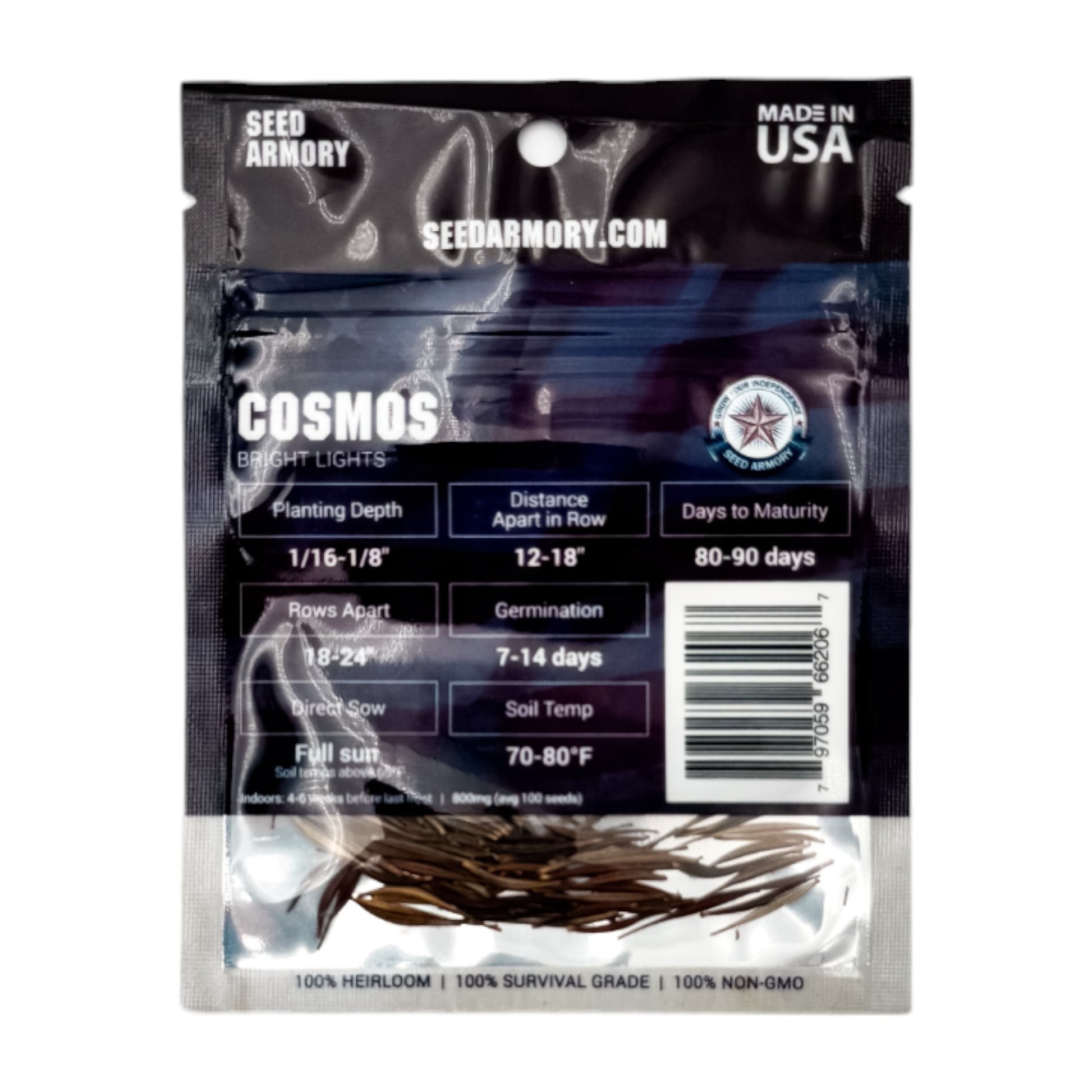 Reverse packet of Heirloom Cosmos Bright Lights seeds with planting instructions