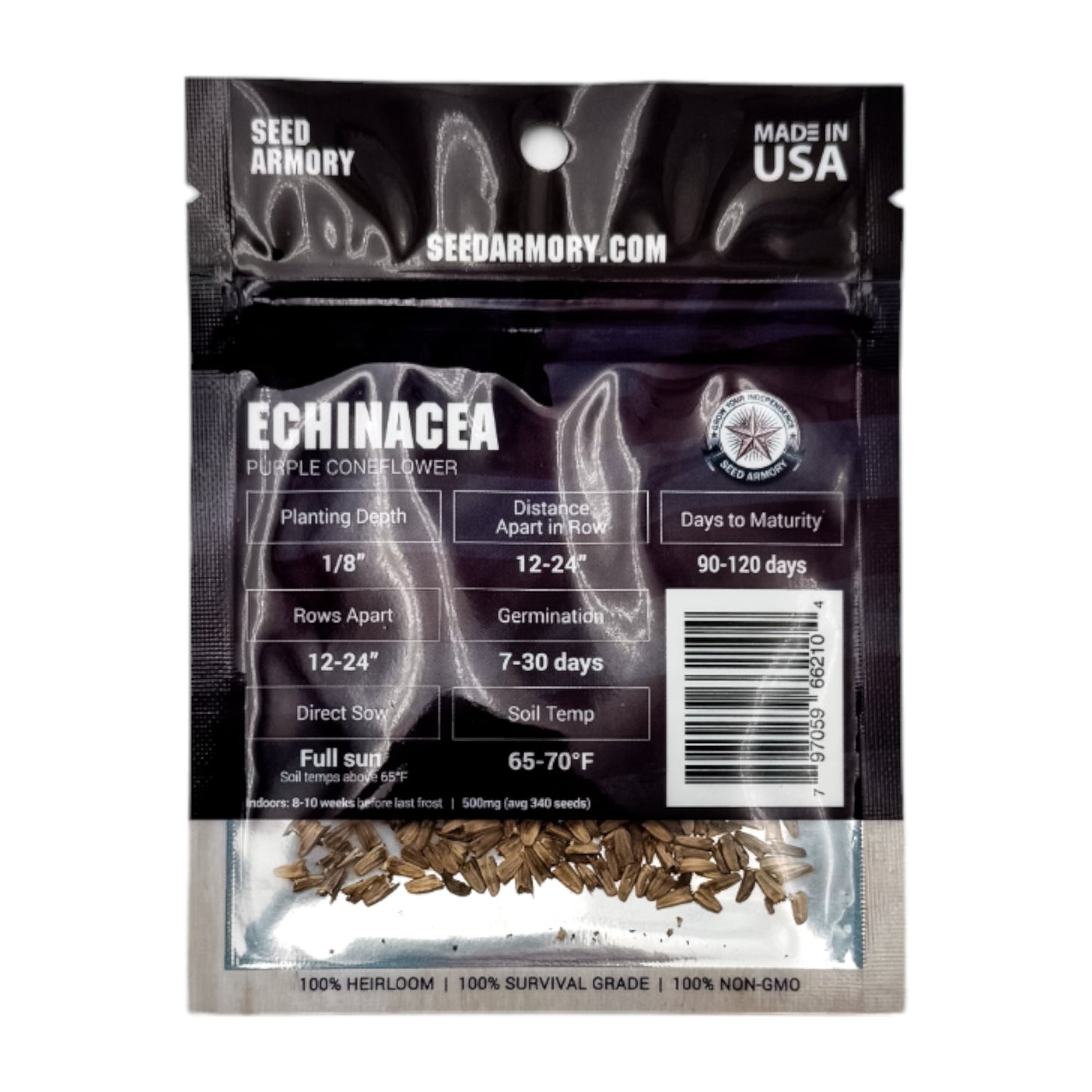 Reverse packet of Heirloom Echinacea Purple Coneflower seeds with planting instructions