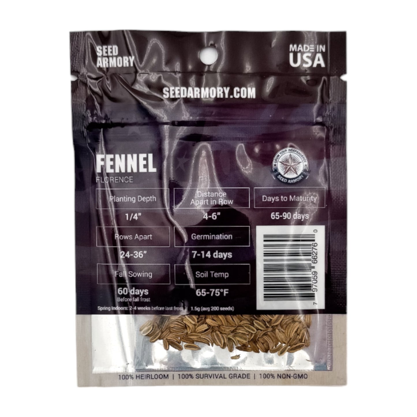 Reverse packet of Heirloom Florence fennel seeds with planting instructions