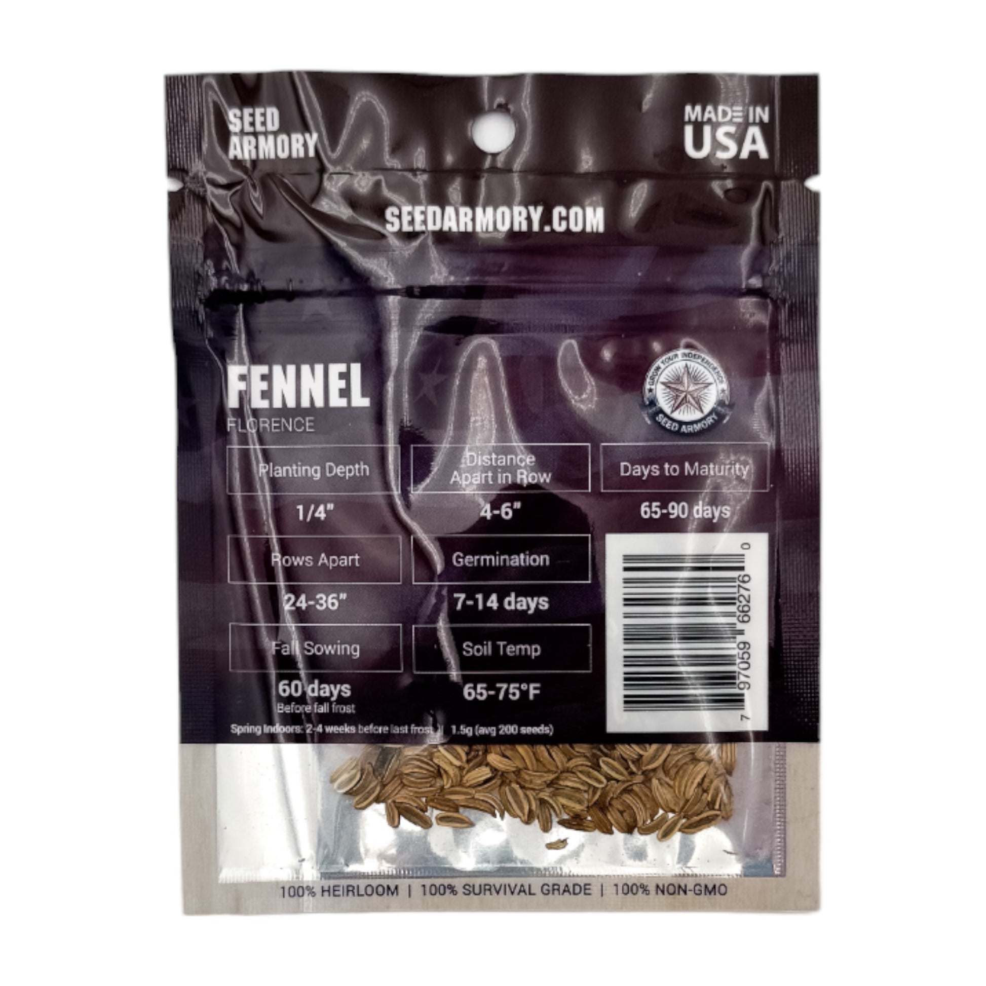 Reverse packet of Heirloom Florence fennel seeds with planting instructions