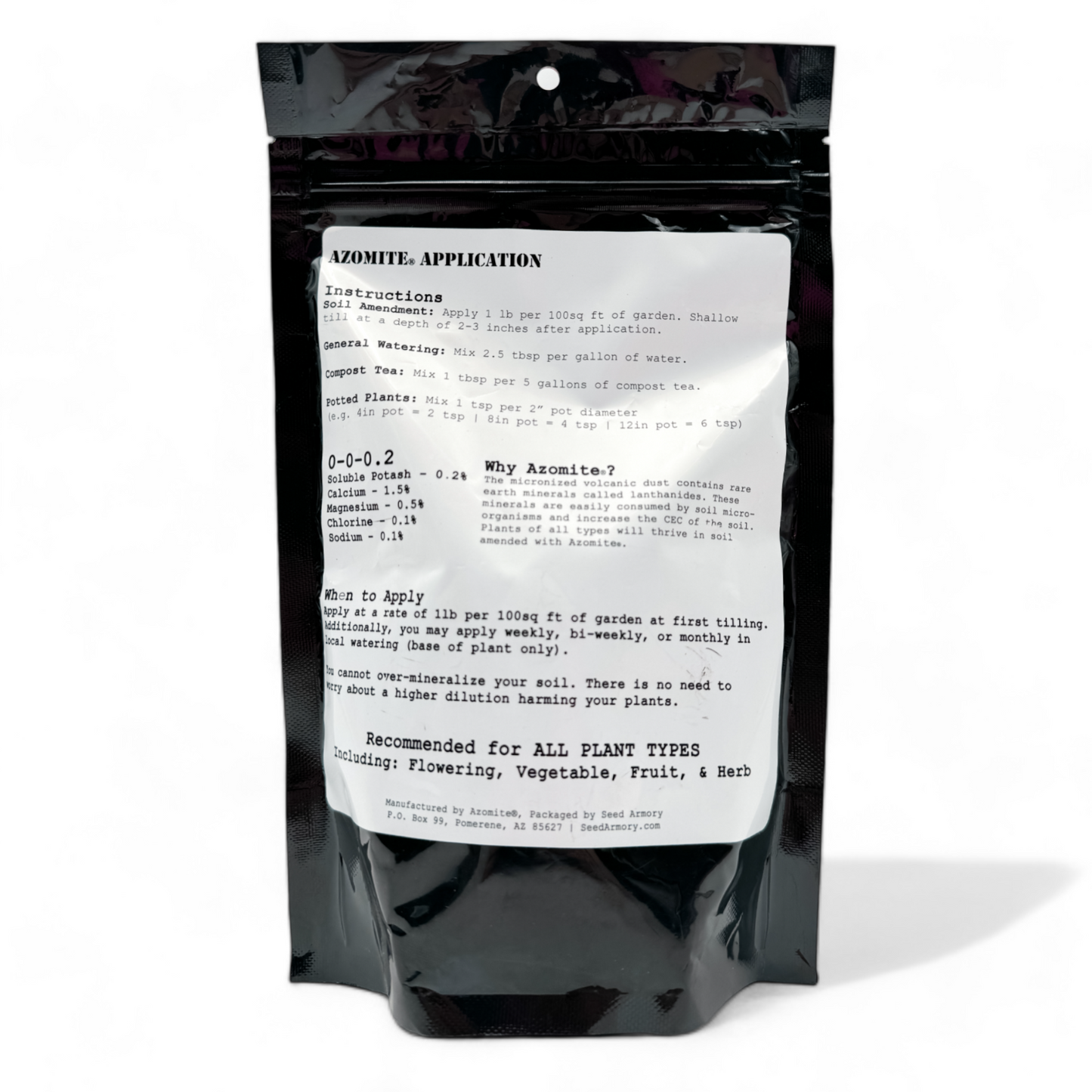 Reverse package of Azomite Mineral Amendment powder with application instructions
