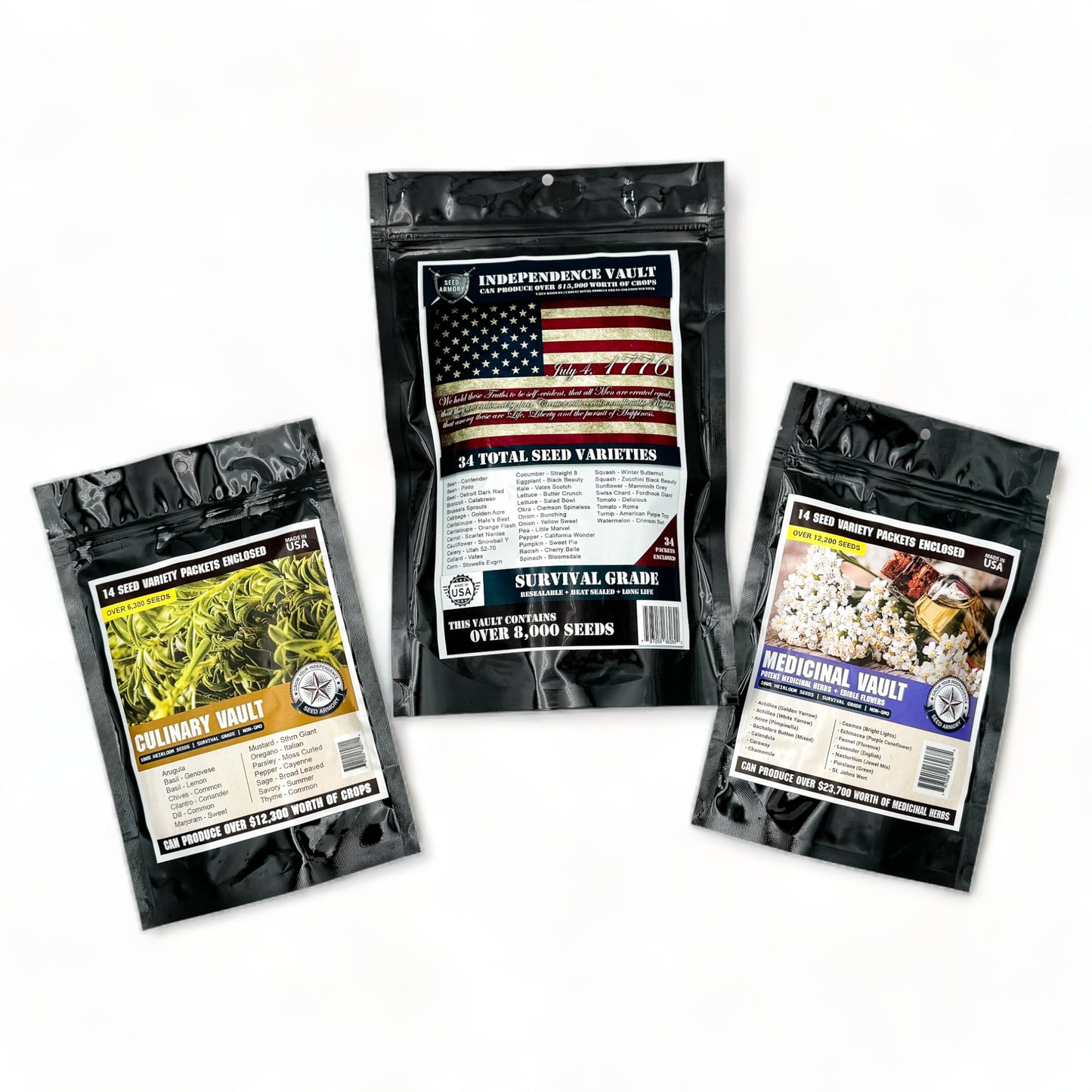 Packages from the Independence Super Kit Seed Vault displayed against a white backdrop