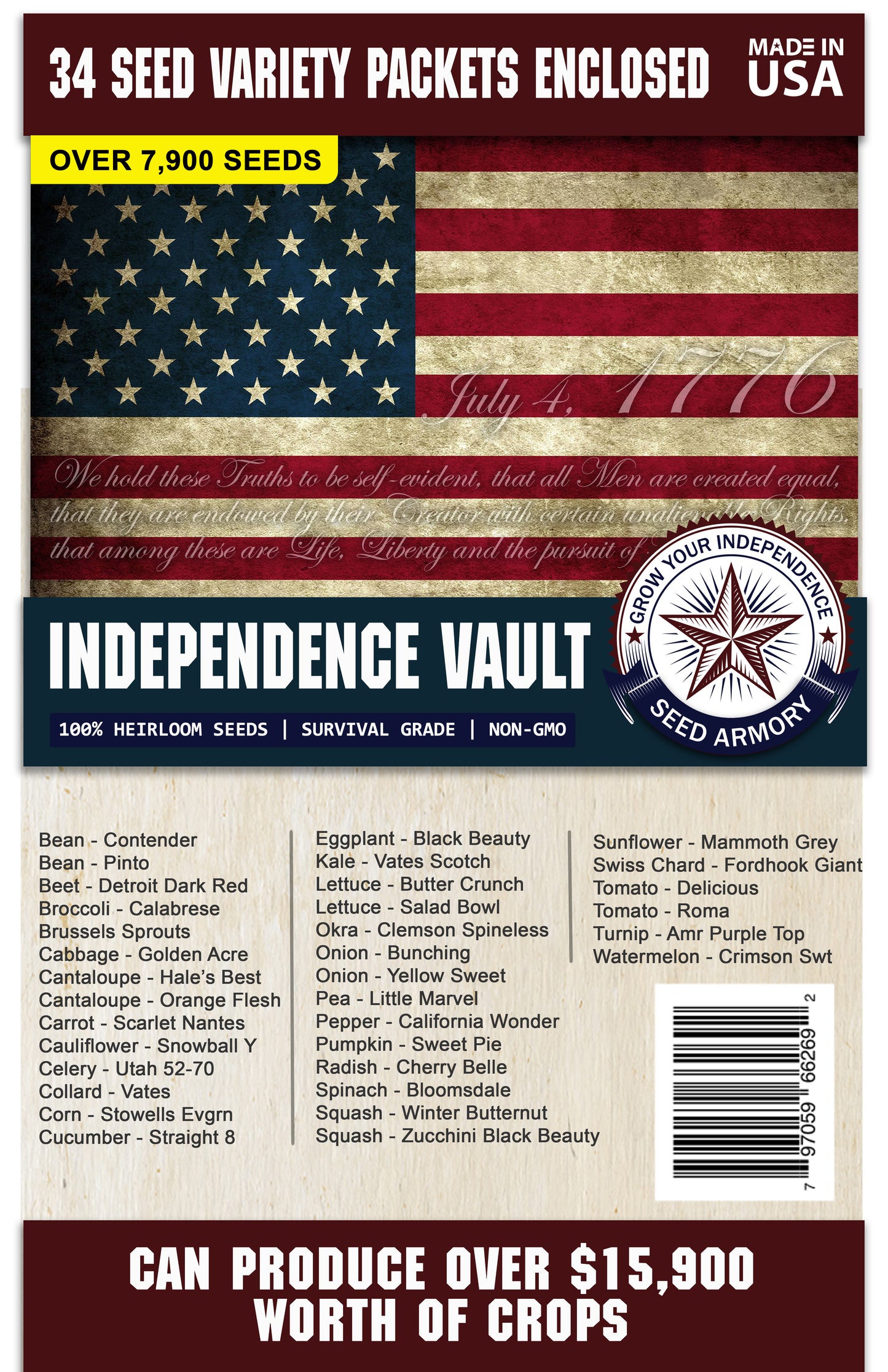 The front label of the Independence Super Kit Seed Vault showcasing the 62 seed varieties included