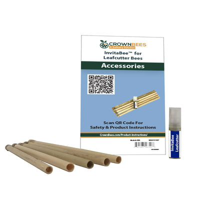 Display of InvitaBee Leafcutter Bee Attractant with bamboo tubes and Safety and Product Instructions QR code