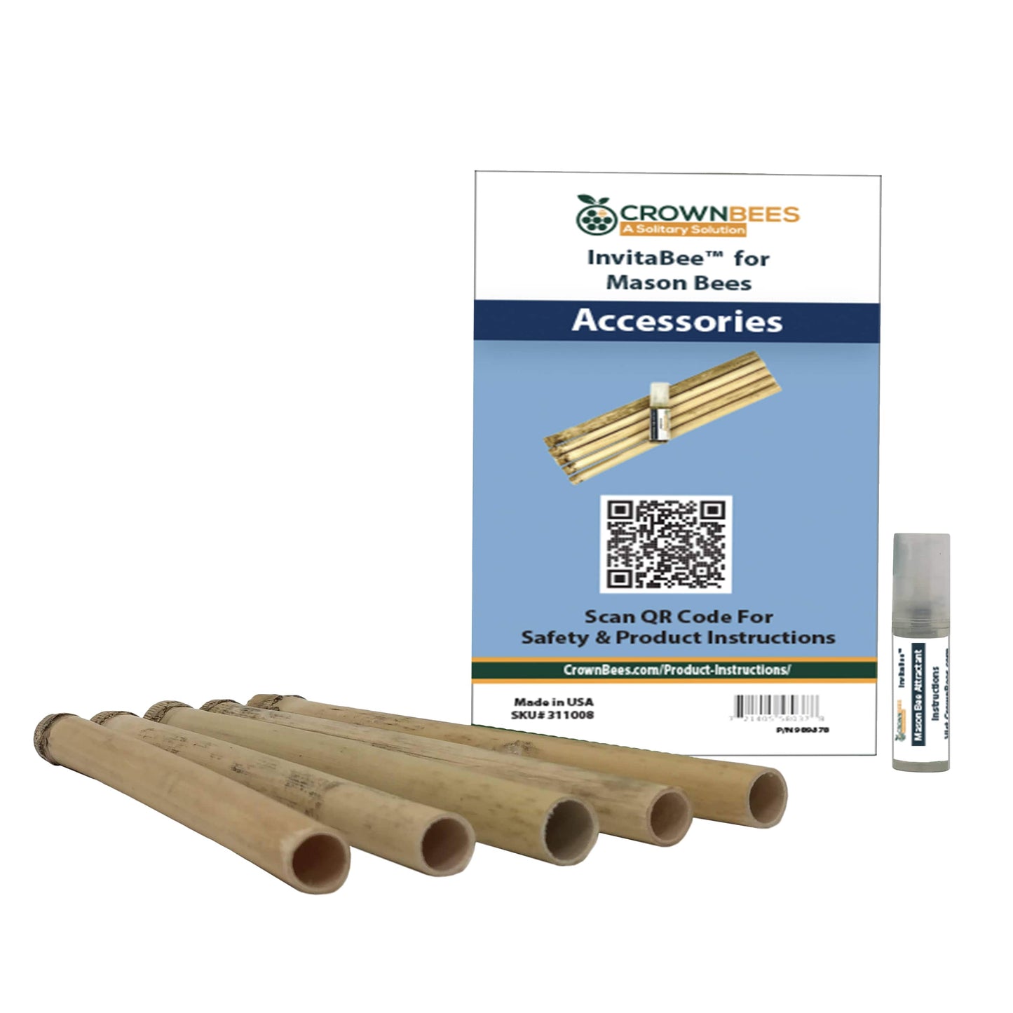 Bamboo nesting tubes for mason bees with InvitaBee attractant tube and Safety and Product Instructions QR code