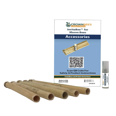 Bamboo nesting tubes for mason bees with InvitaBee attractant tube and Safety and Product Instructions QR code