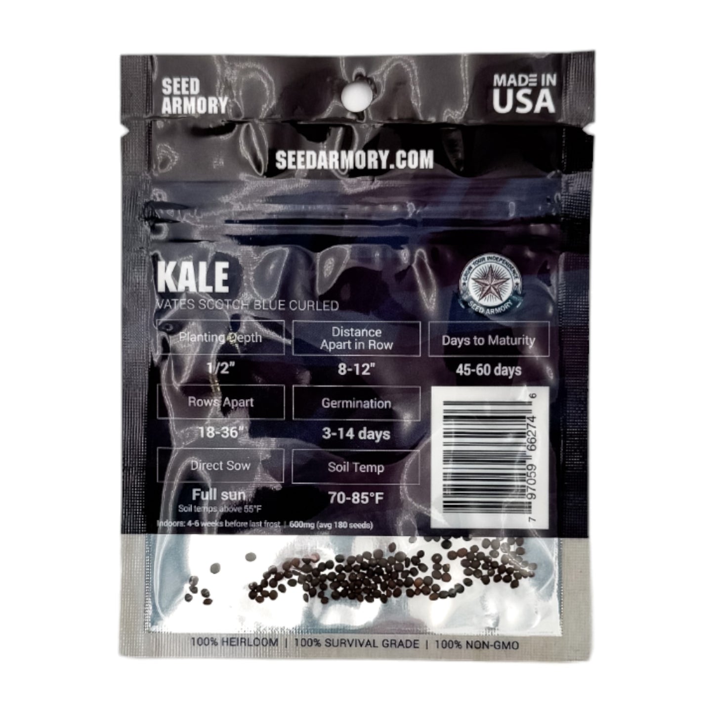Reverse packet of Heirloom Vates Scotch Blue Curled kale seeds with planting instructions