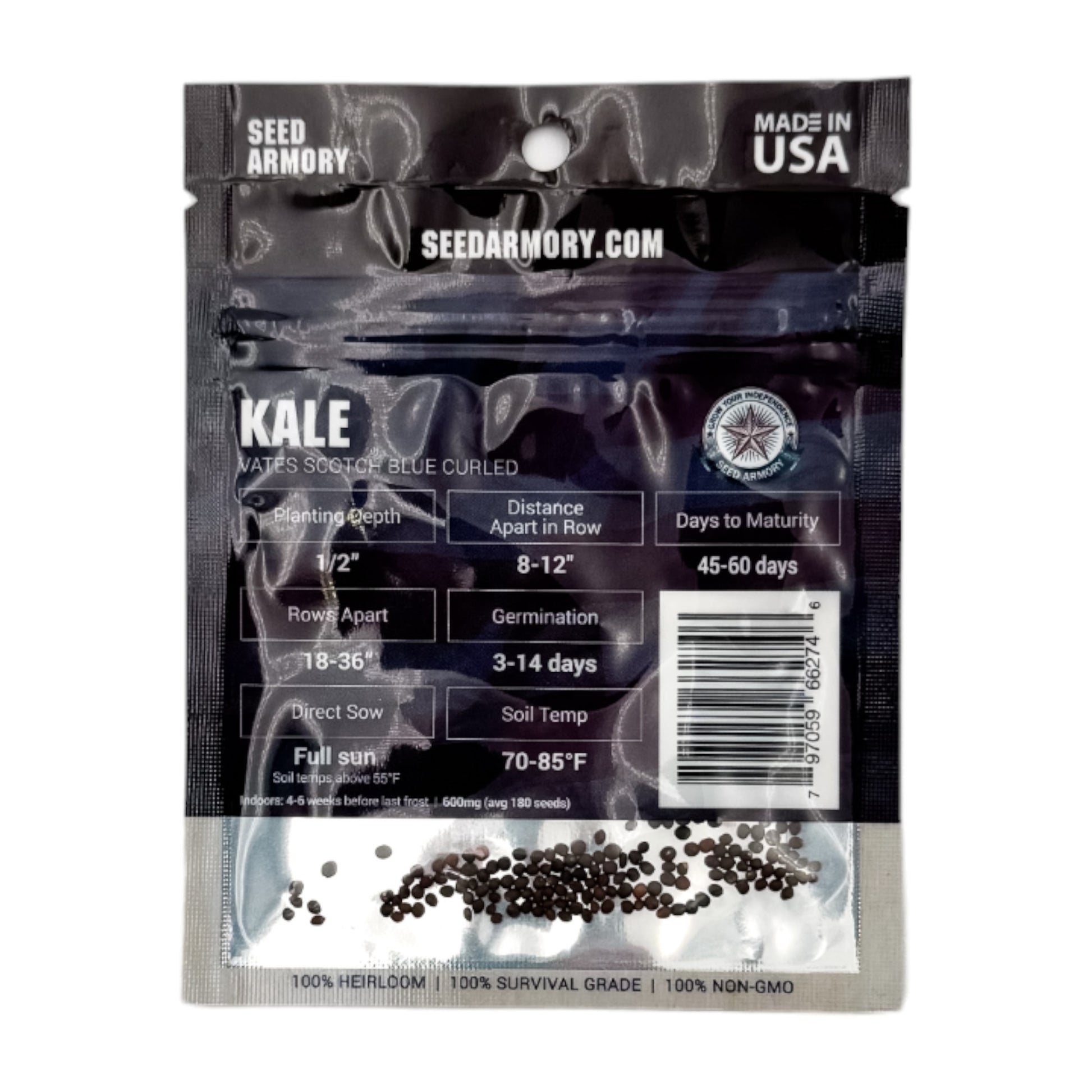 Reverse packet of Heirloom Vates Scotch Blue Curled kale seeds with planting instructions