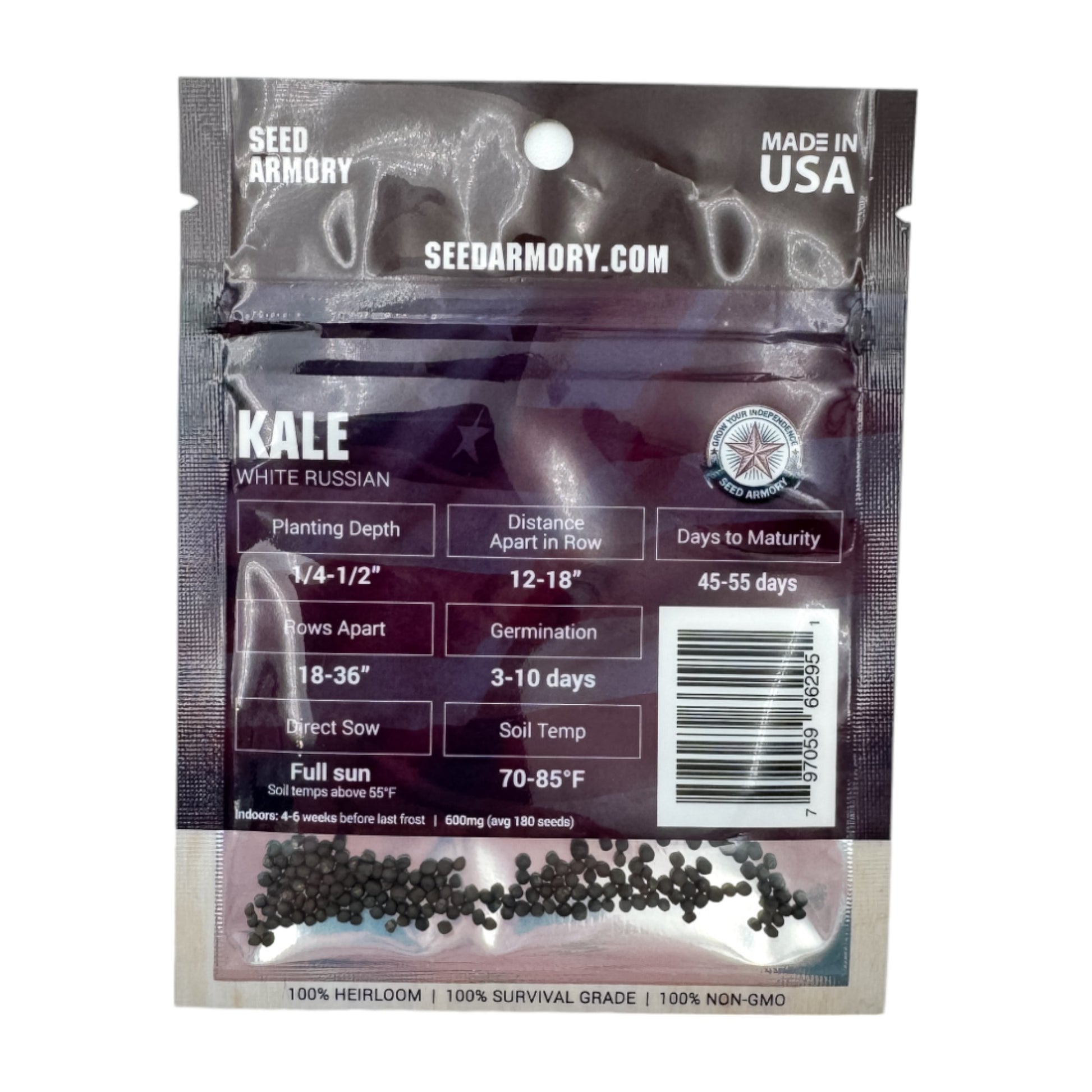 Reverse packet of Heirloom White Russian Kale seeds with planting instructions