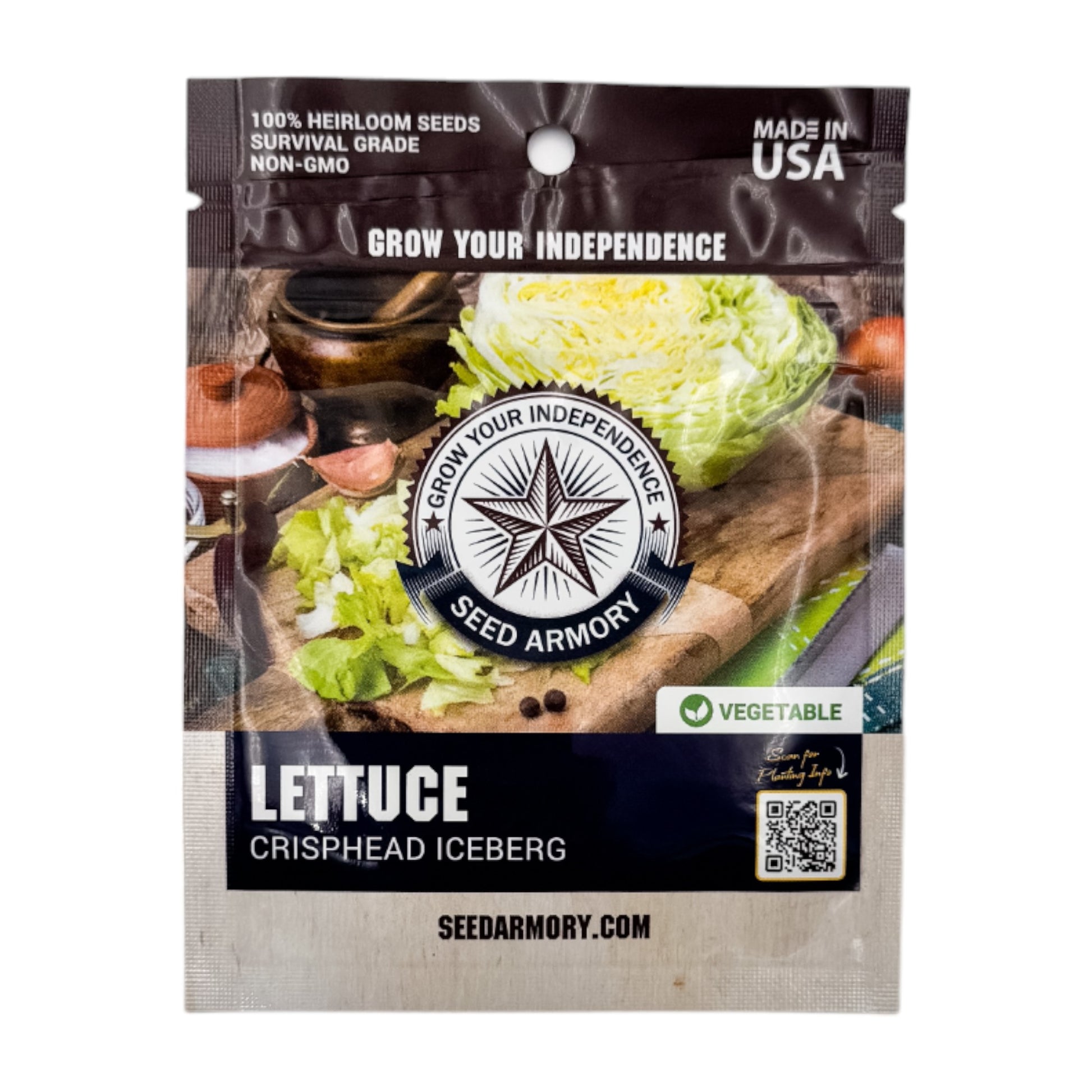 Front packet of Hierloom Iceberg lettuce seeds against a white backdrop