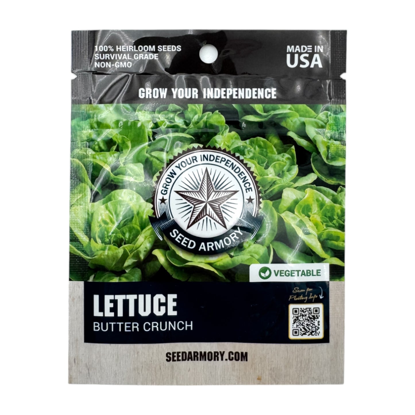 Front packet of Heirloom Butter Crunch lettuce presented on a white background