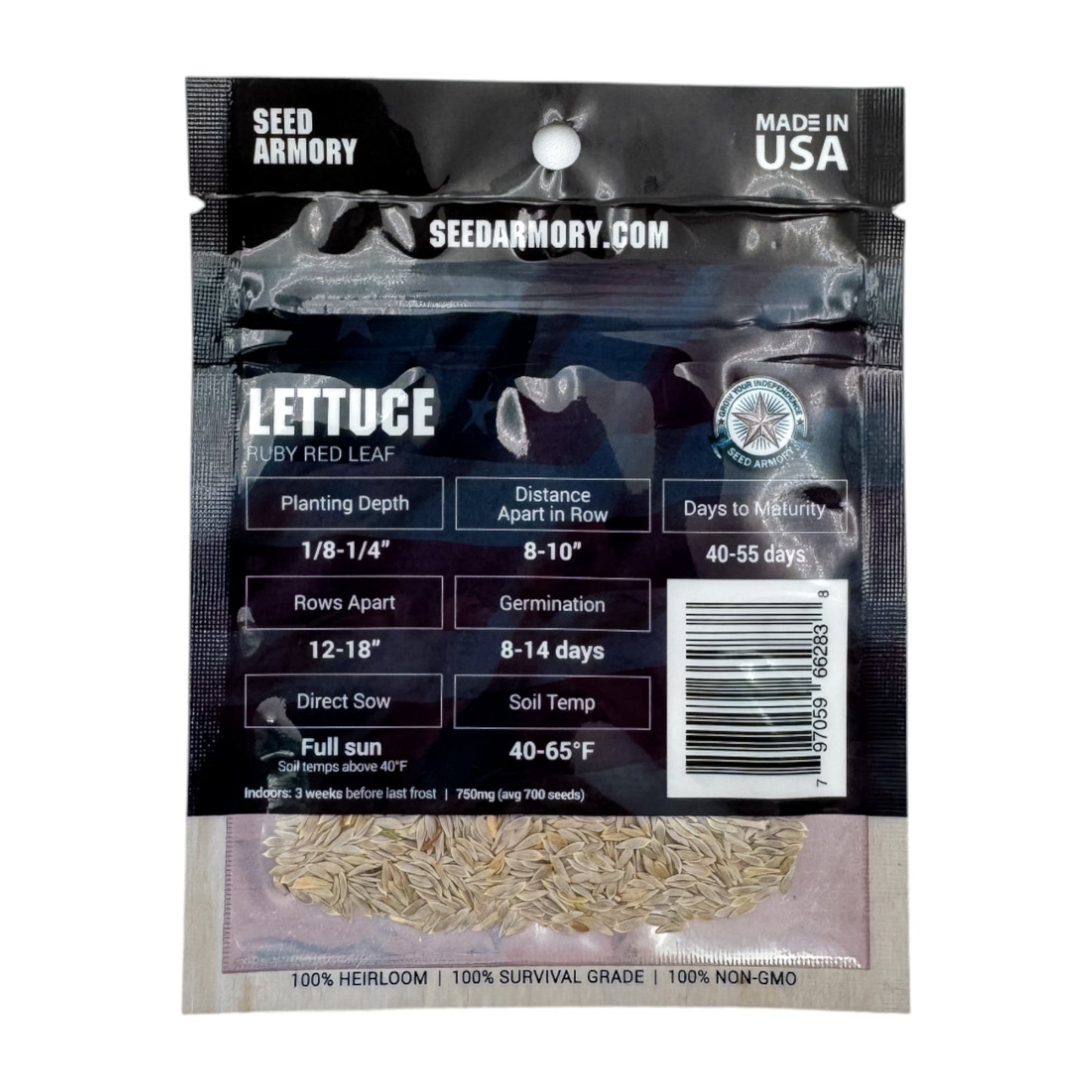 Reverse packet of Heirloom Ruby Red Leaf lettuce seeds with planting instructions