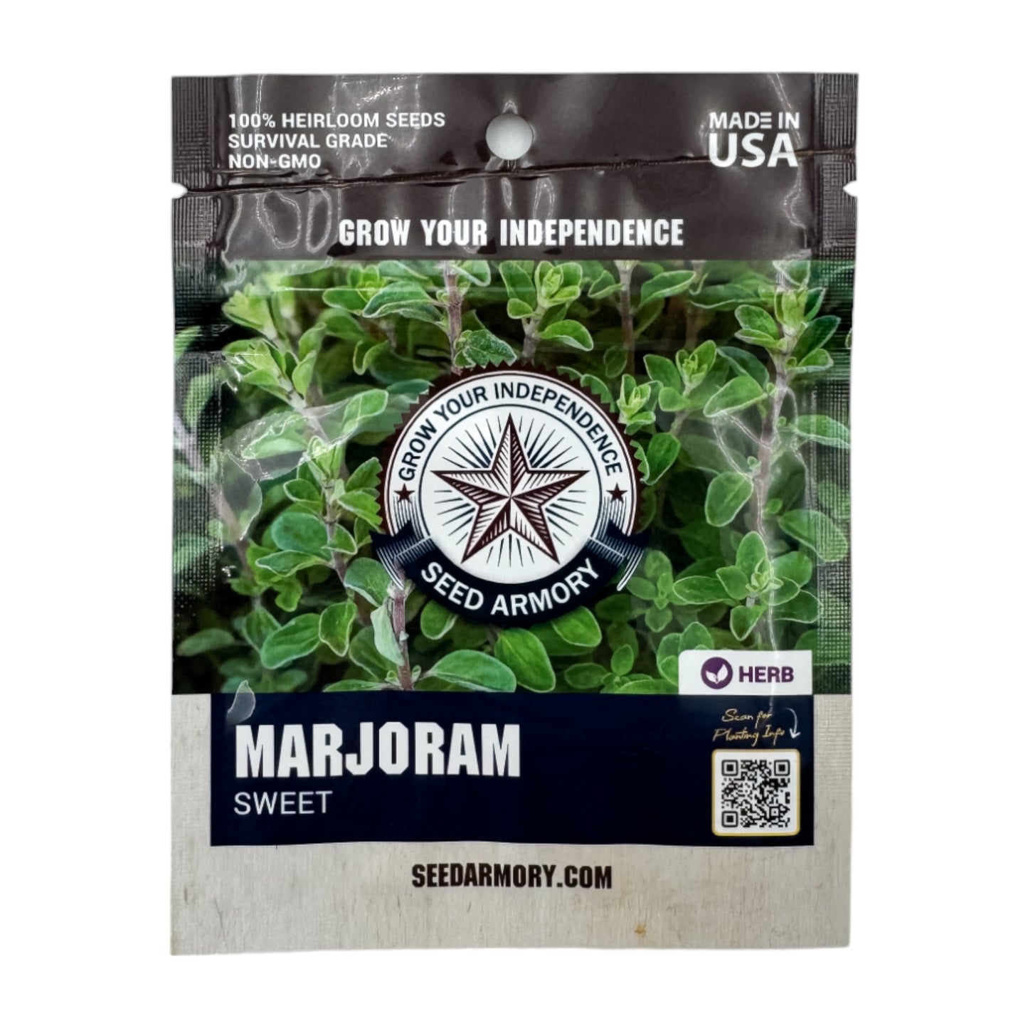 Front packet of Heirloom Fresh marjoram herb seeds on a white background