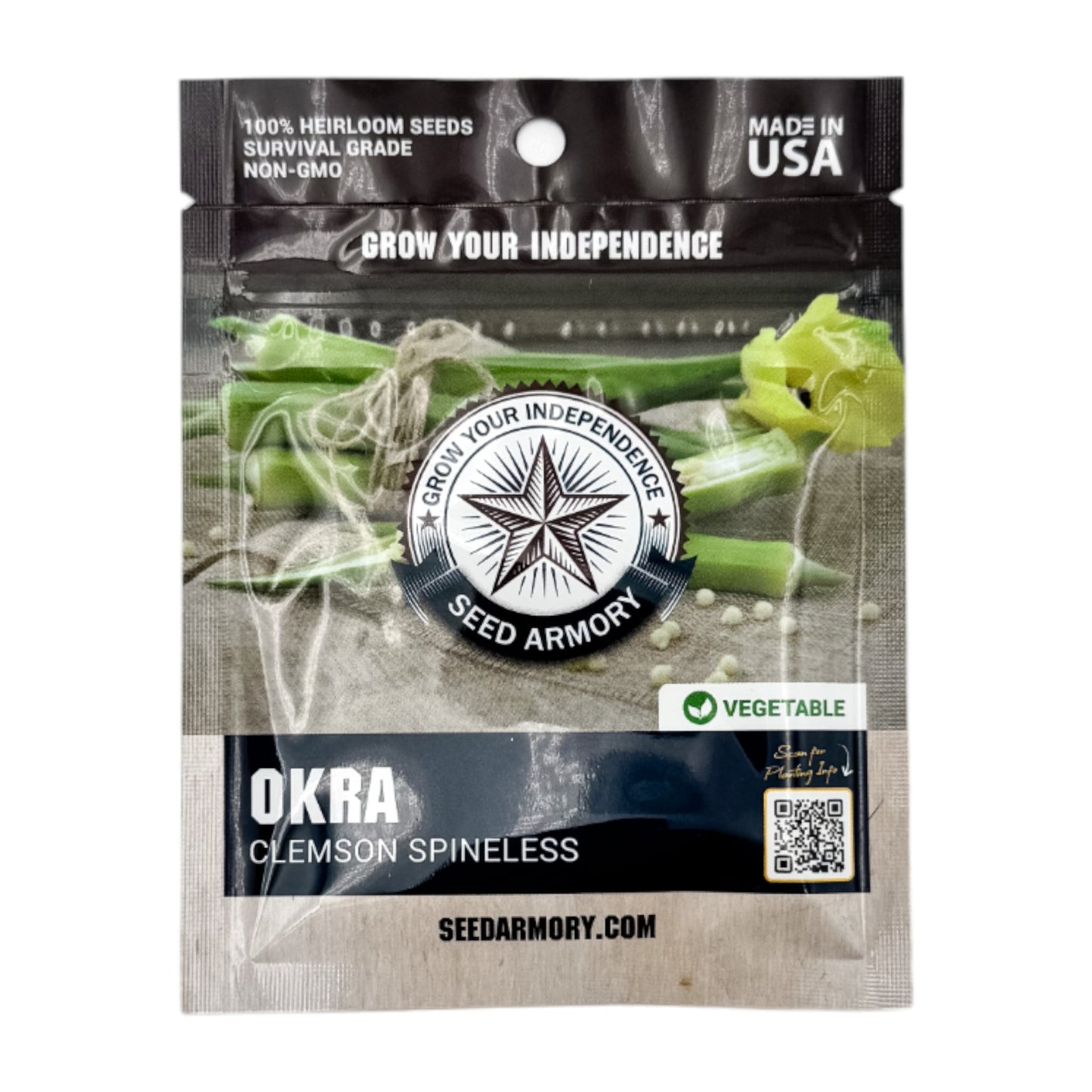 Front package of Heirloom Clemson Spineless Okra Seeds on a white backdrop