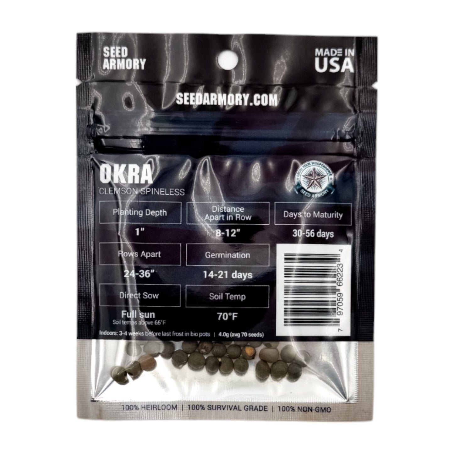 Reverse packet of Heirloom Clemson Spineless Okra Seeds with planting instructions