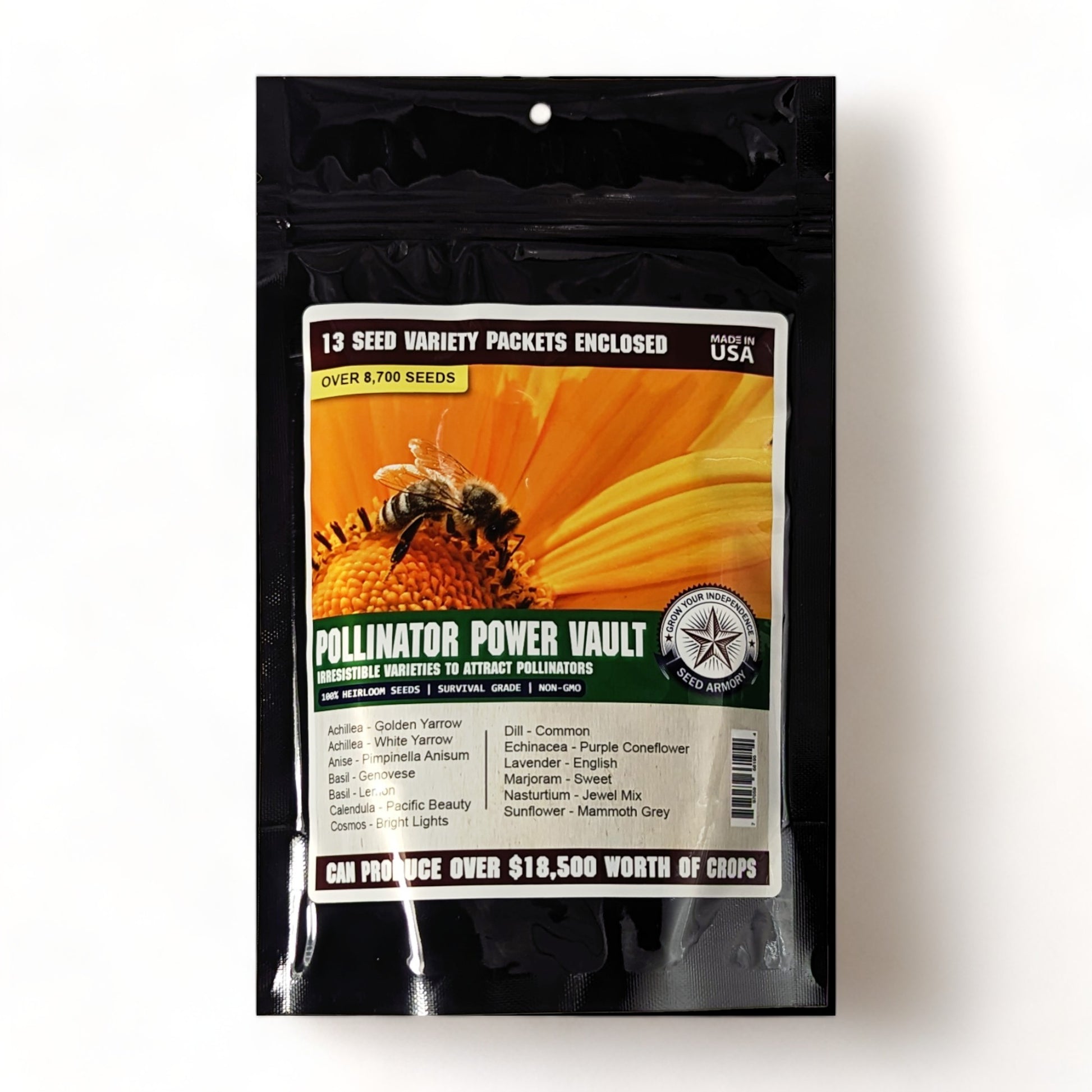 Pollinator Power Vault Heirloom Seeds product packaging on a white background