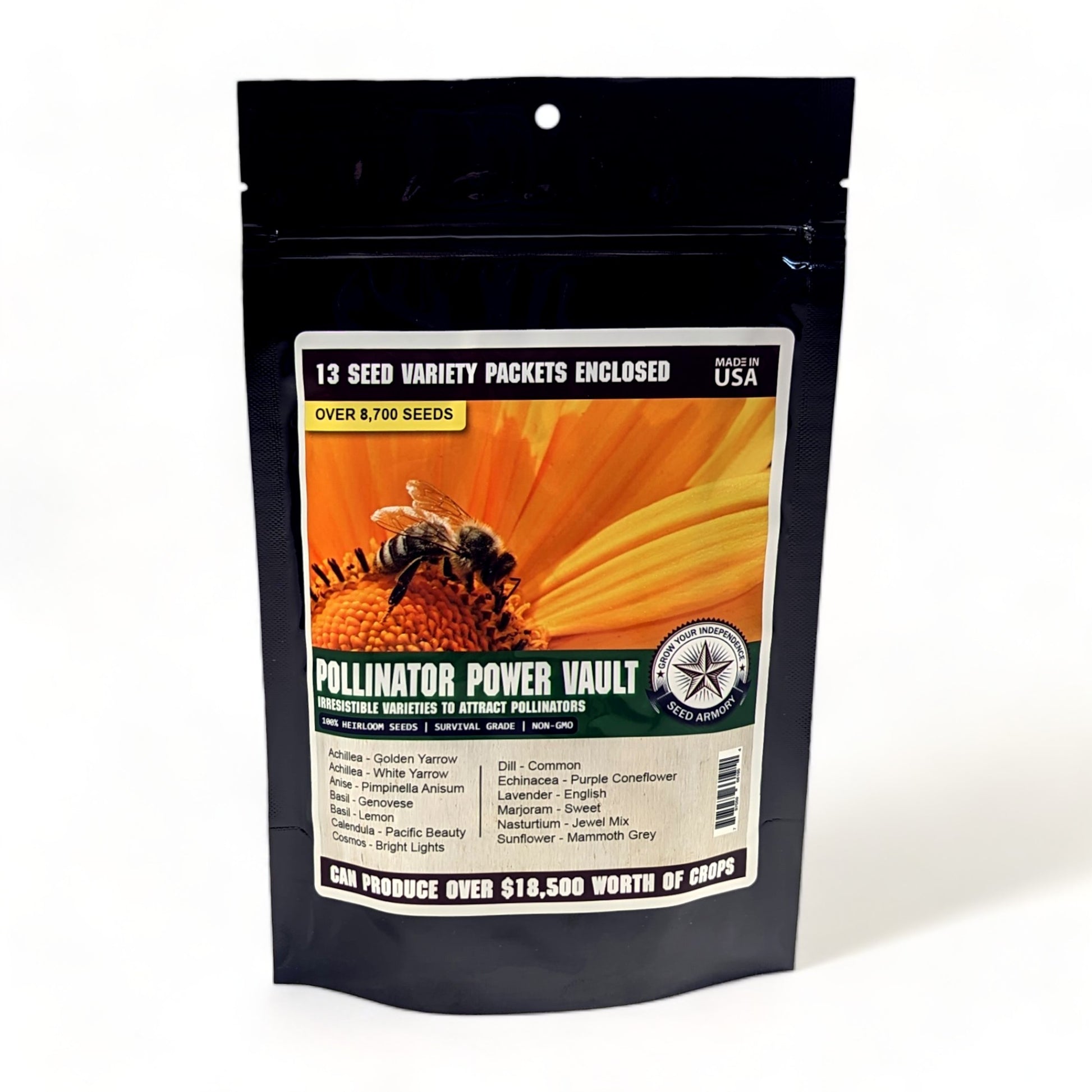 A package of Pollinator Power Vault Heirloom Seeds with a bee design