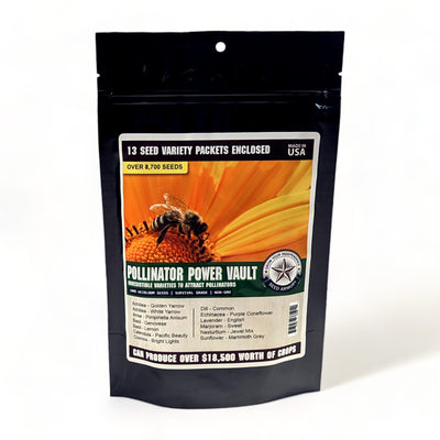 A package of Pollinator Power Vault Heirloom Seeds with a bee design