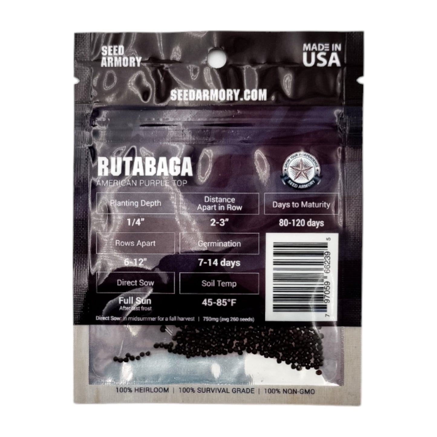 Reverse packet of American Purple Top Rutabaga heirloom seeds with planting instructions