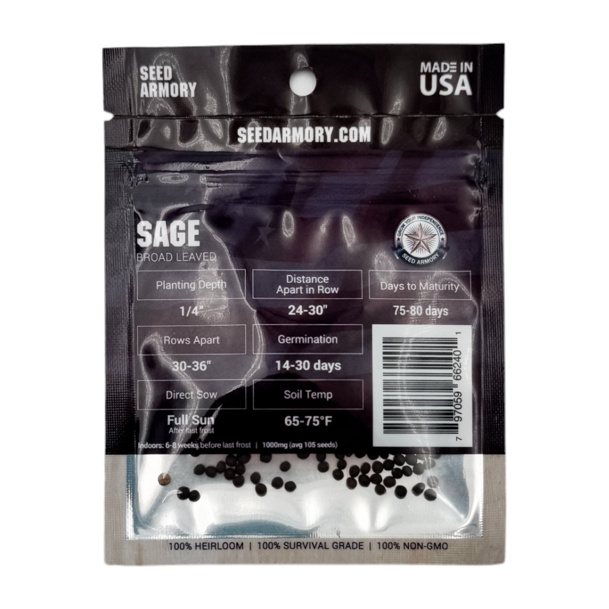 Reverse packet of common sage heirloom seeds with planting instructions
