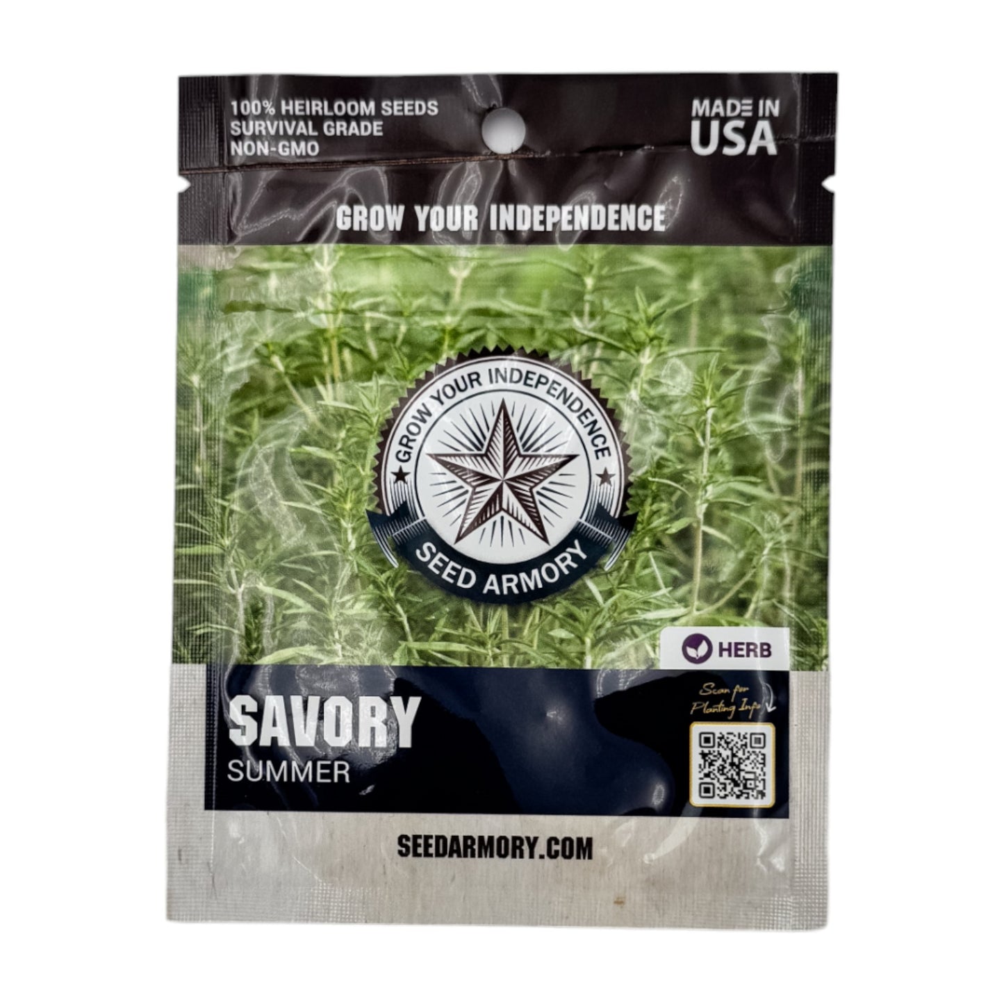 Front packet of summer savory heirloom seeds