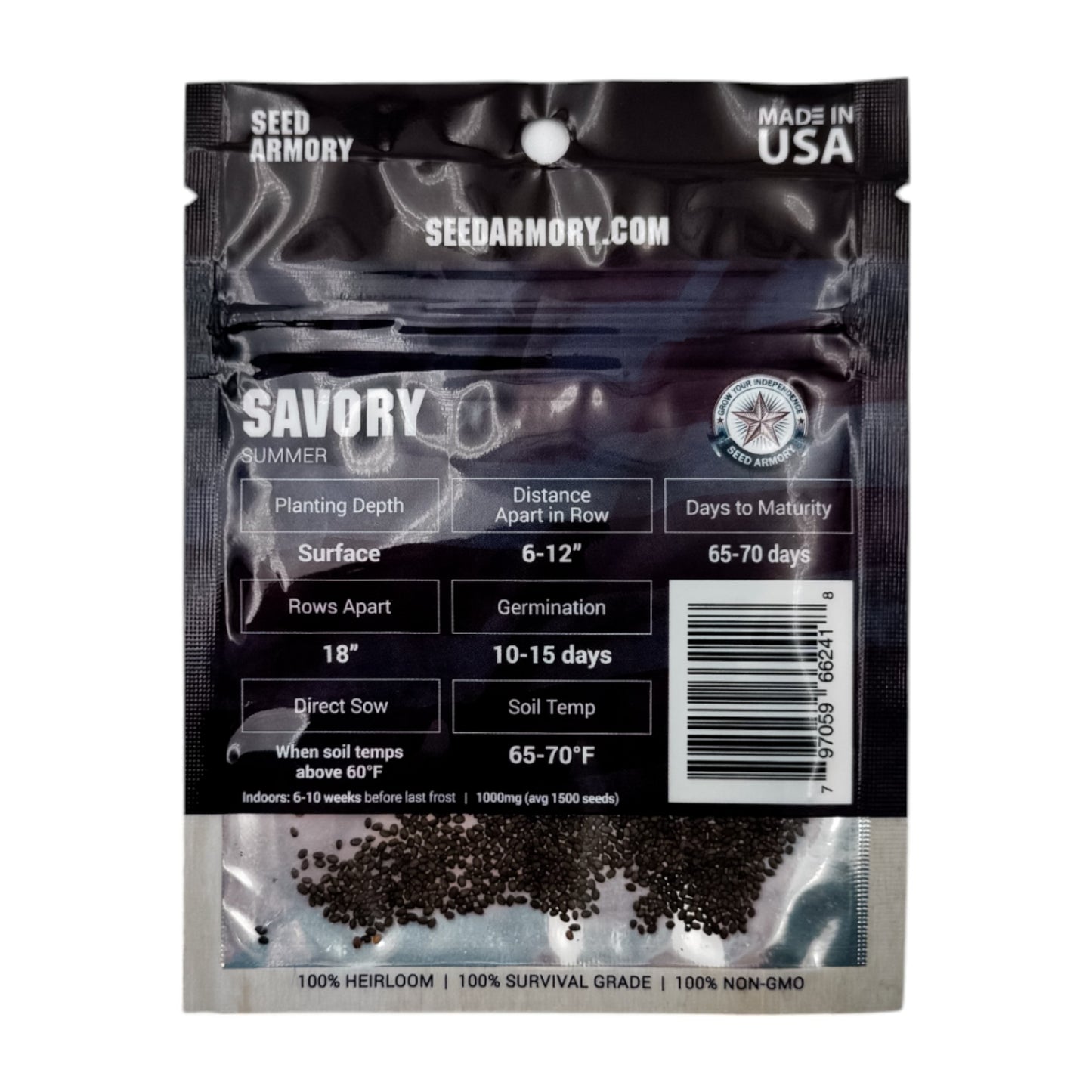 Reverse packet of summer savory heirloom seeds with planting instructions